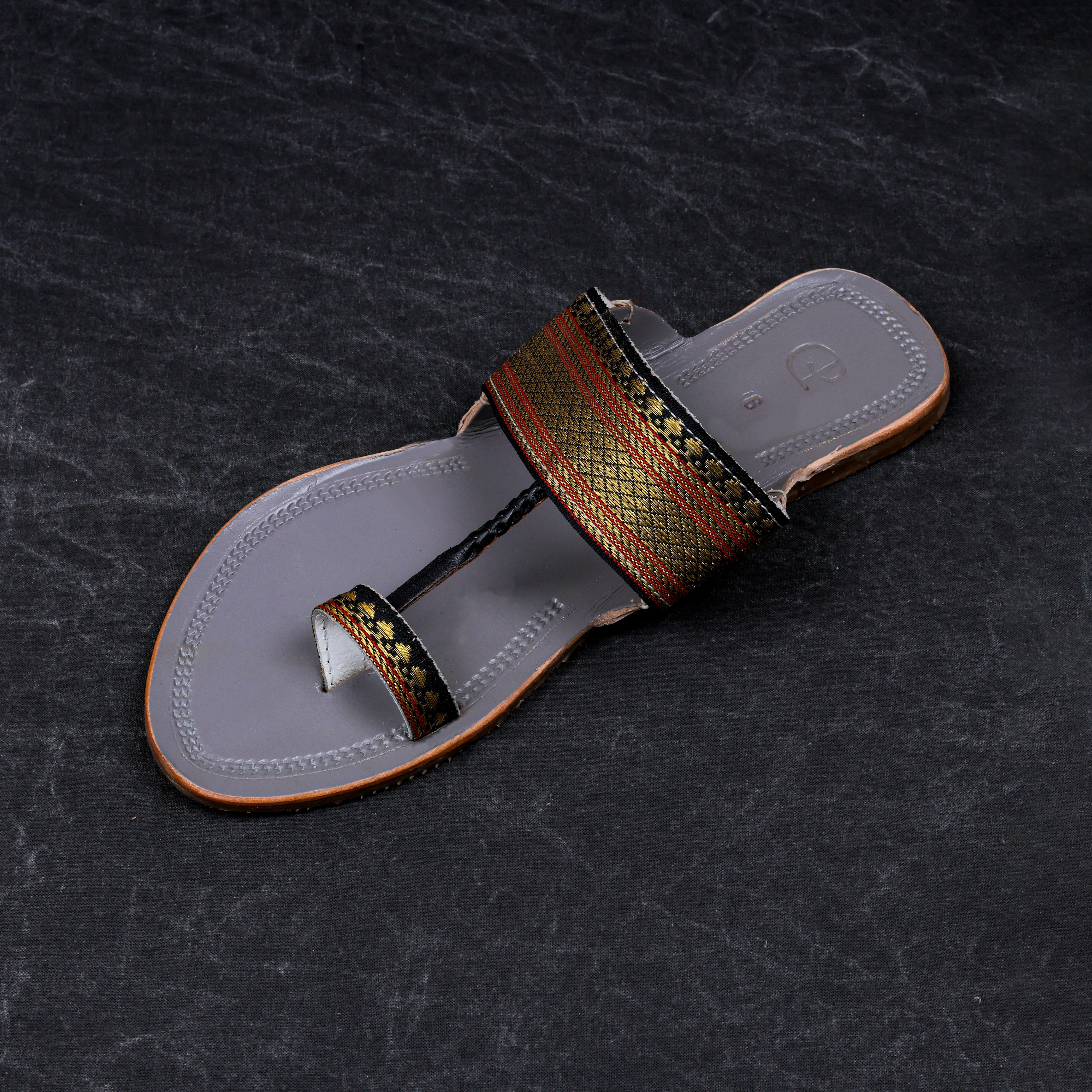 Grey Leather Slip On Kolhapuri Flats