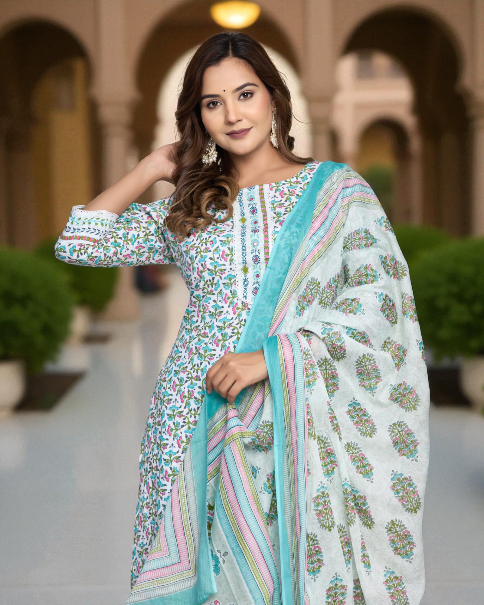 Floral Cotton Kurta Set With Scarf