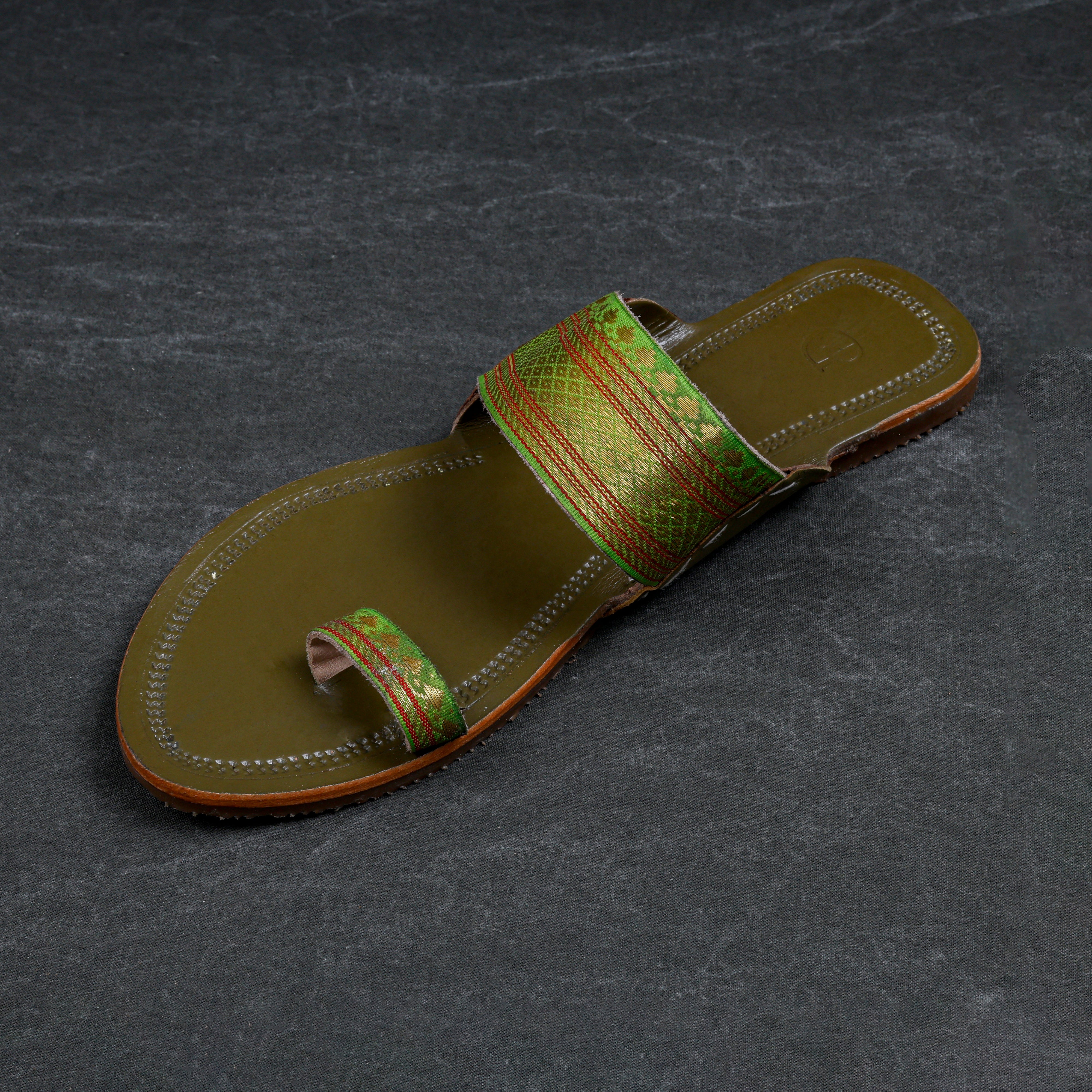 Olive Green Artisan Leather Open Toe Flats