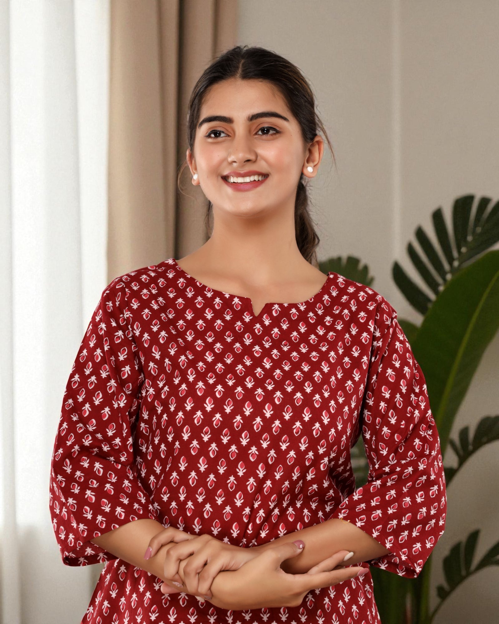 Maroon Floral Printed Cotton Night Suit