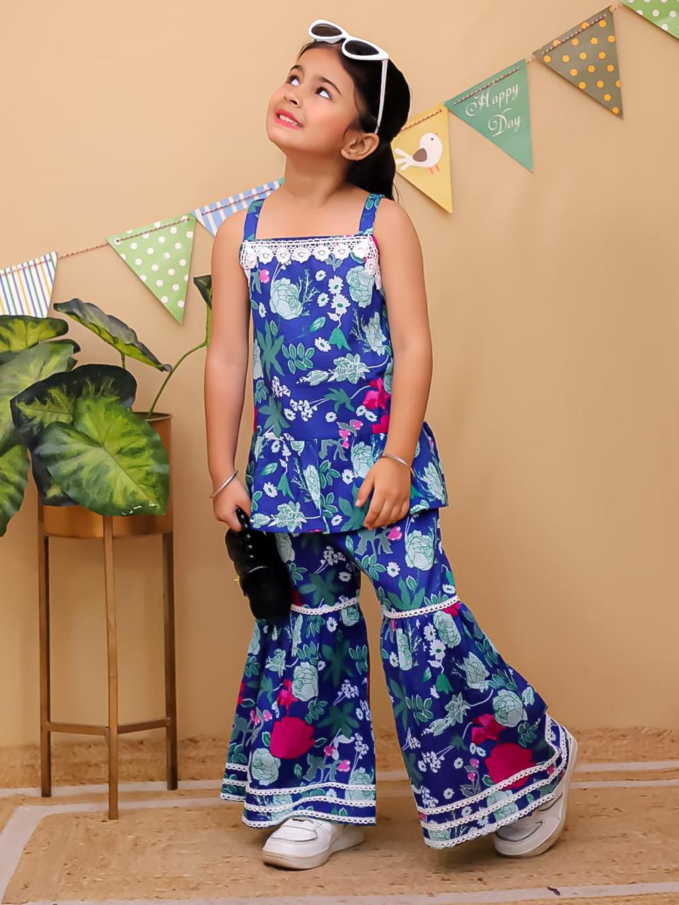 Floral Lace Ruffle Cotton Palazzo Suit