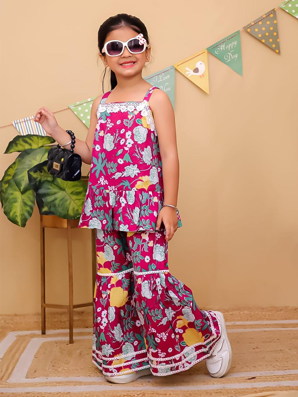 Floral Lace Ruffled Cotton Palazzo Suit