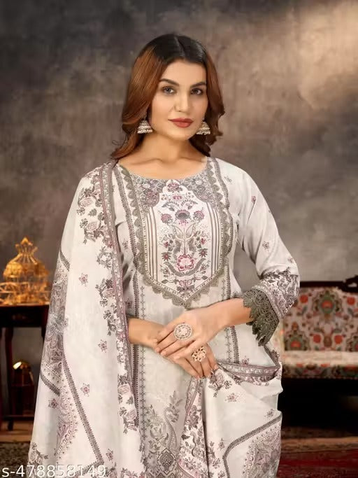 Cream Silk Embroidered Three Piece Pakistani Suit