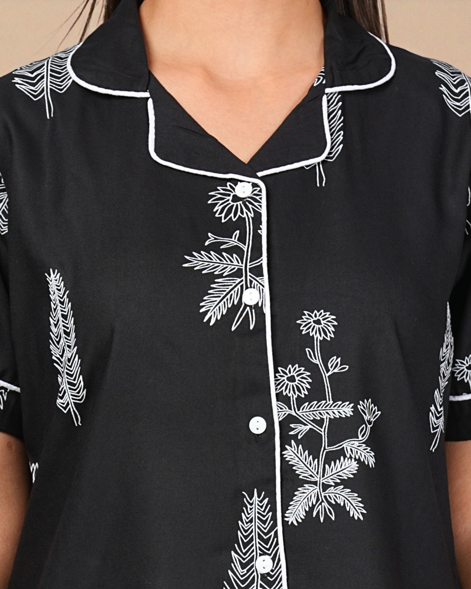 Black Floral Printed Night Suit