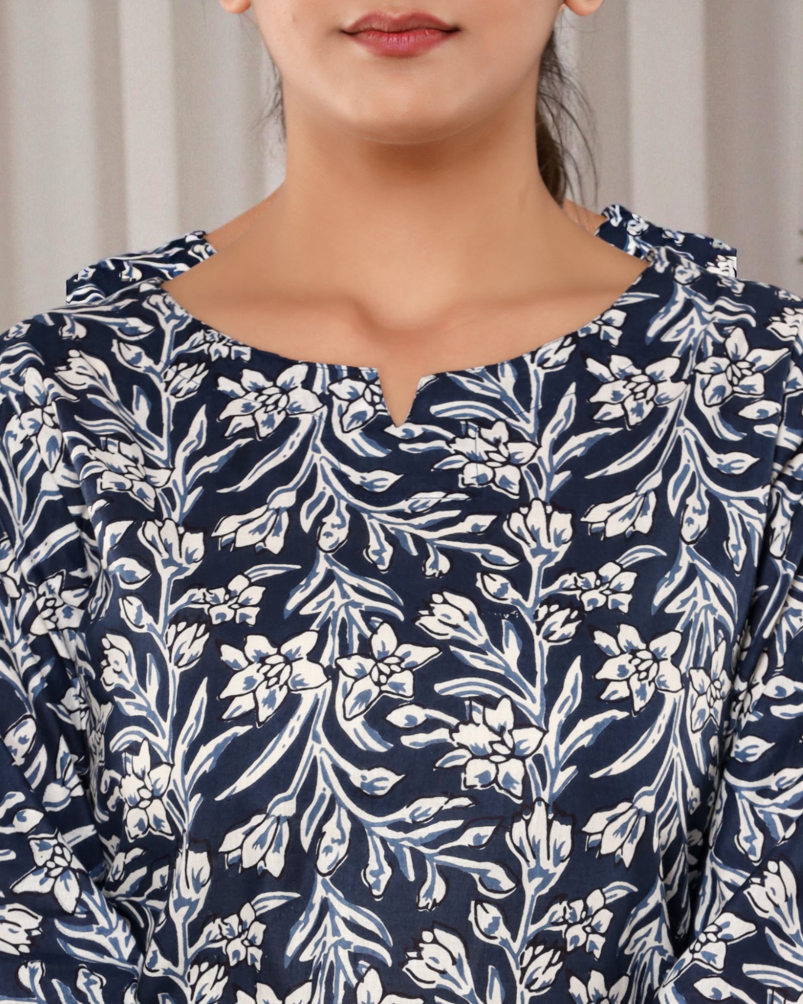 Dark Blue Floral Printed Cotton Night Suit