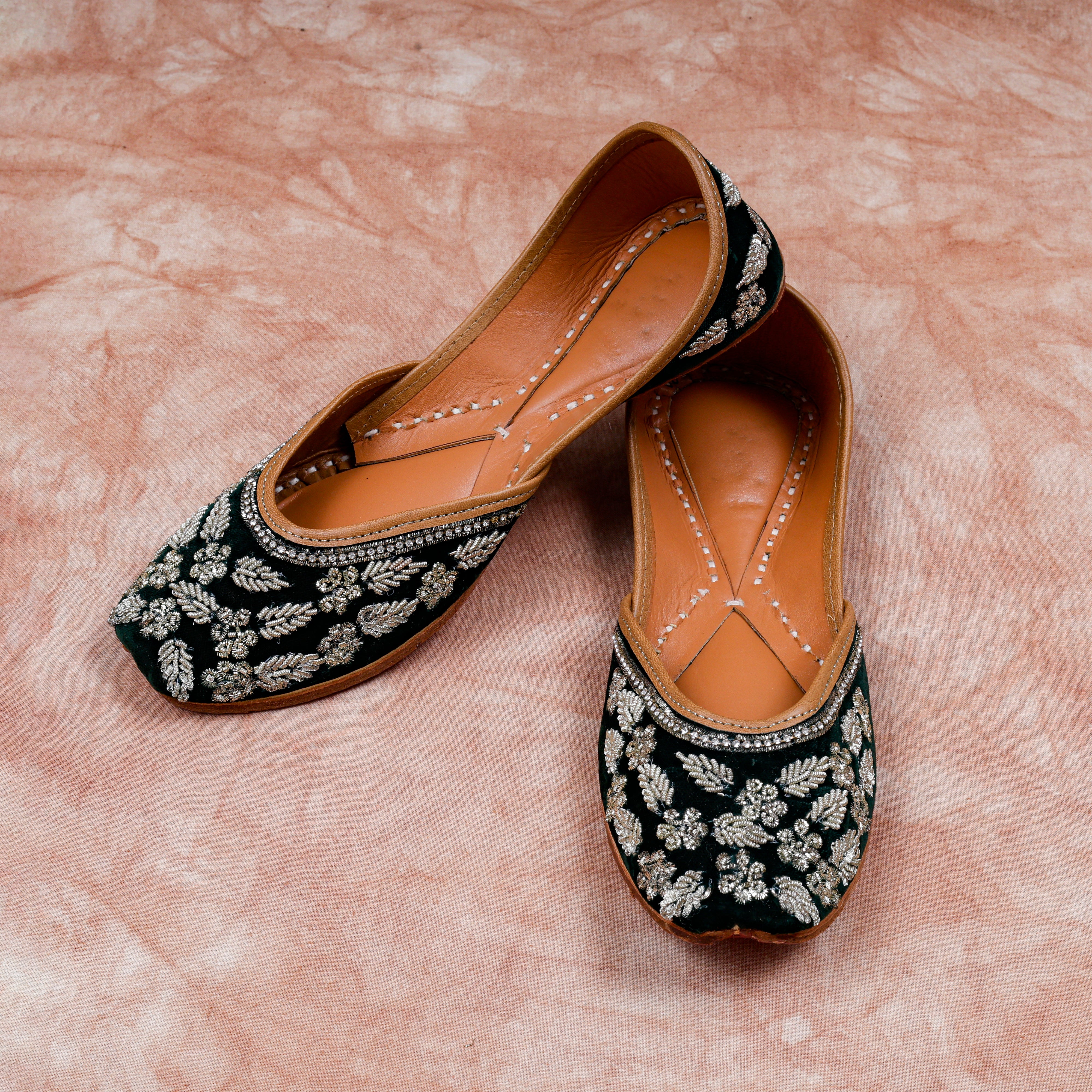 Velvet Closed Toe Jutti In Bottle Green
