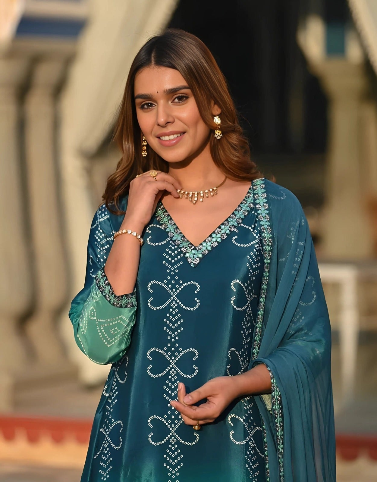 Floral Embroidered Chinon Silk Kurta Set