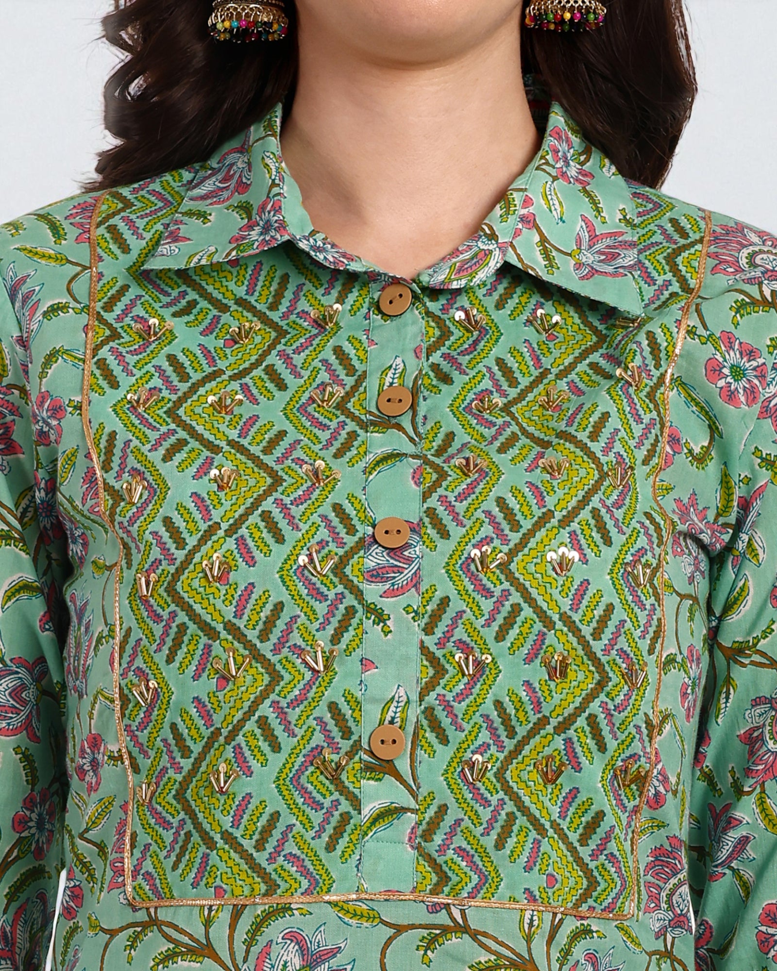Floral Printed Cotton Kurta Set with Geometric Dupatta