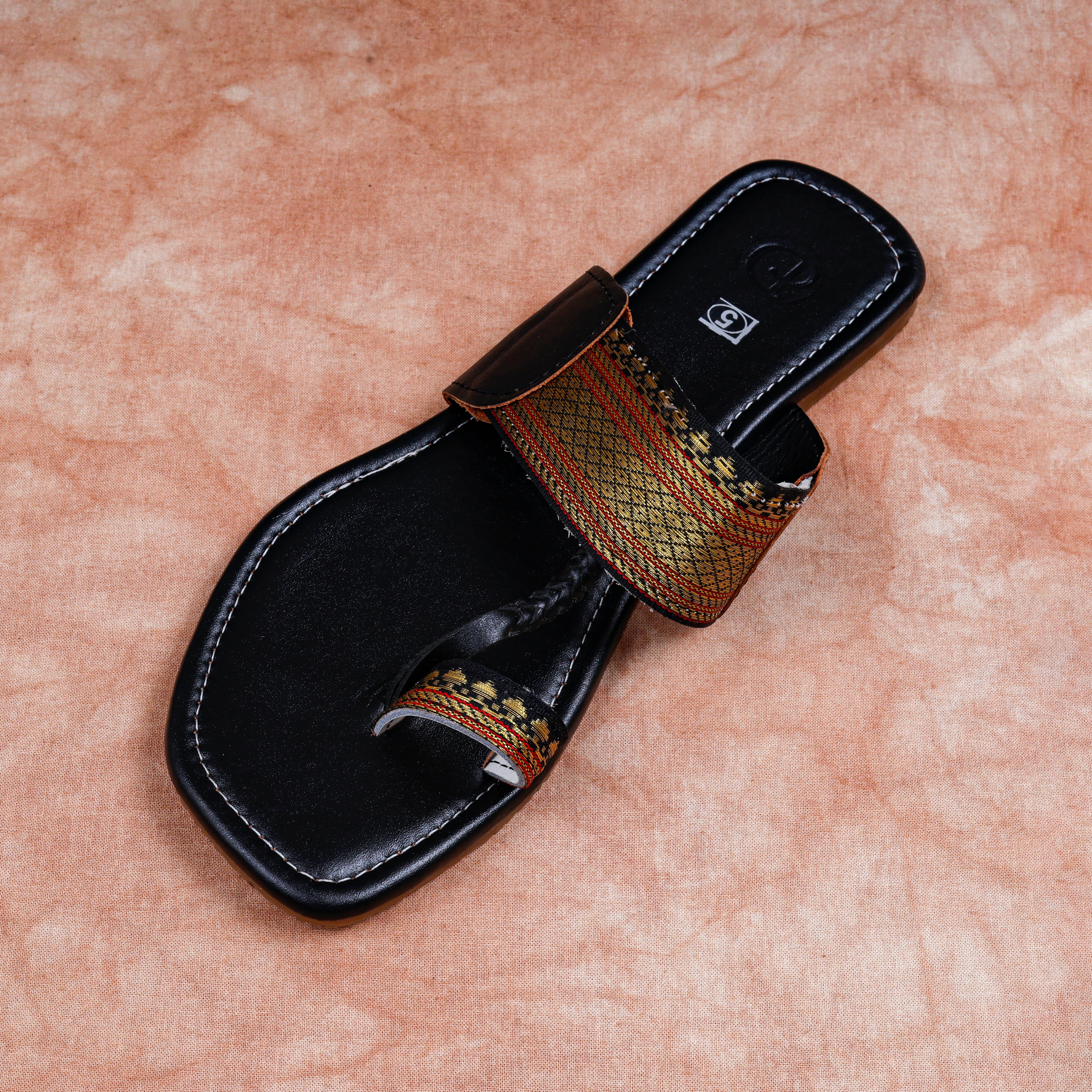 Black Leather Open Toe Ethnic Flats