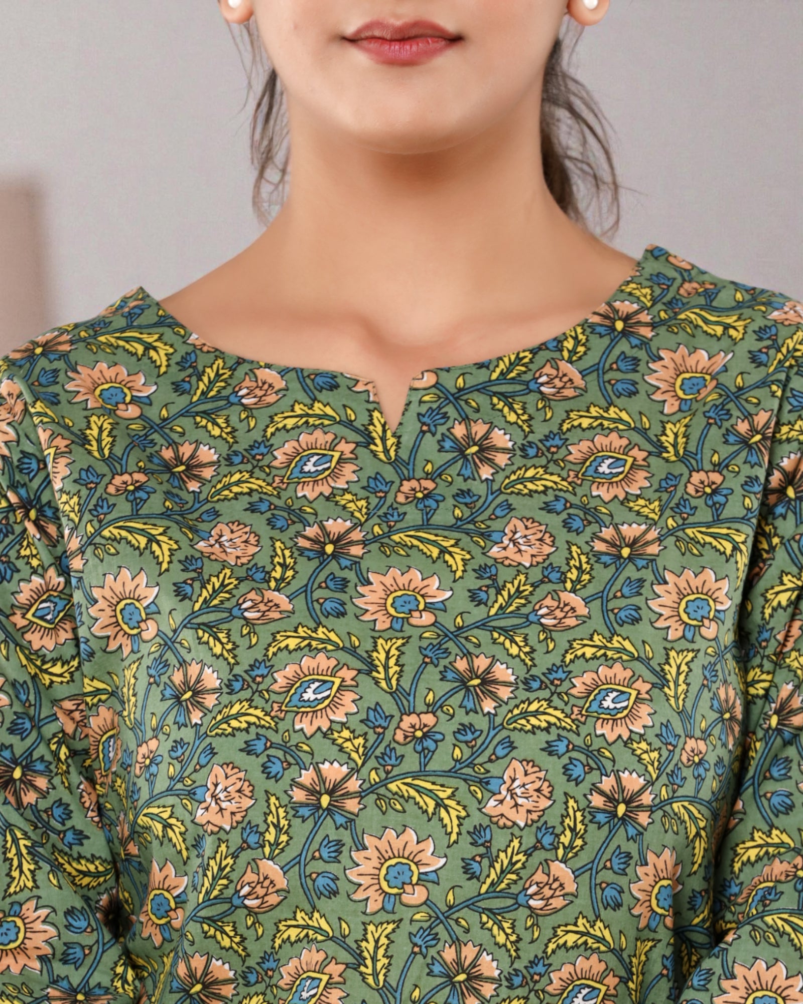 Mehendi Green Floral Cotton Night Suit