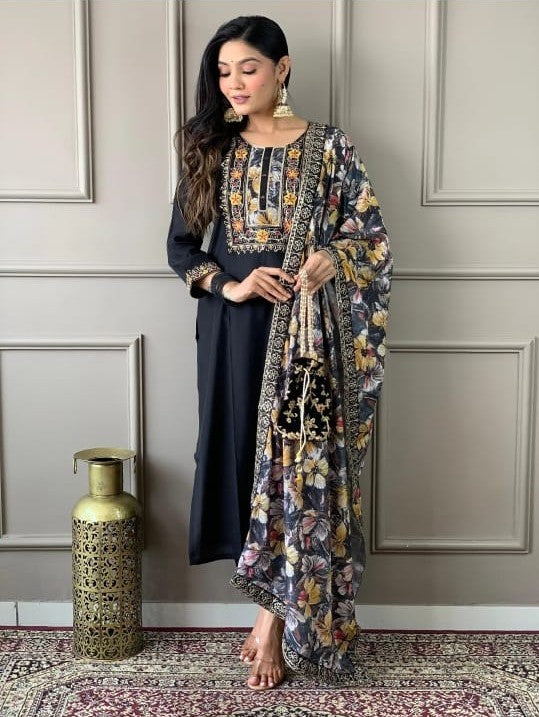 Black Chanderi Silk Floral Kurta Set