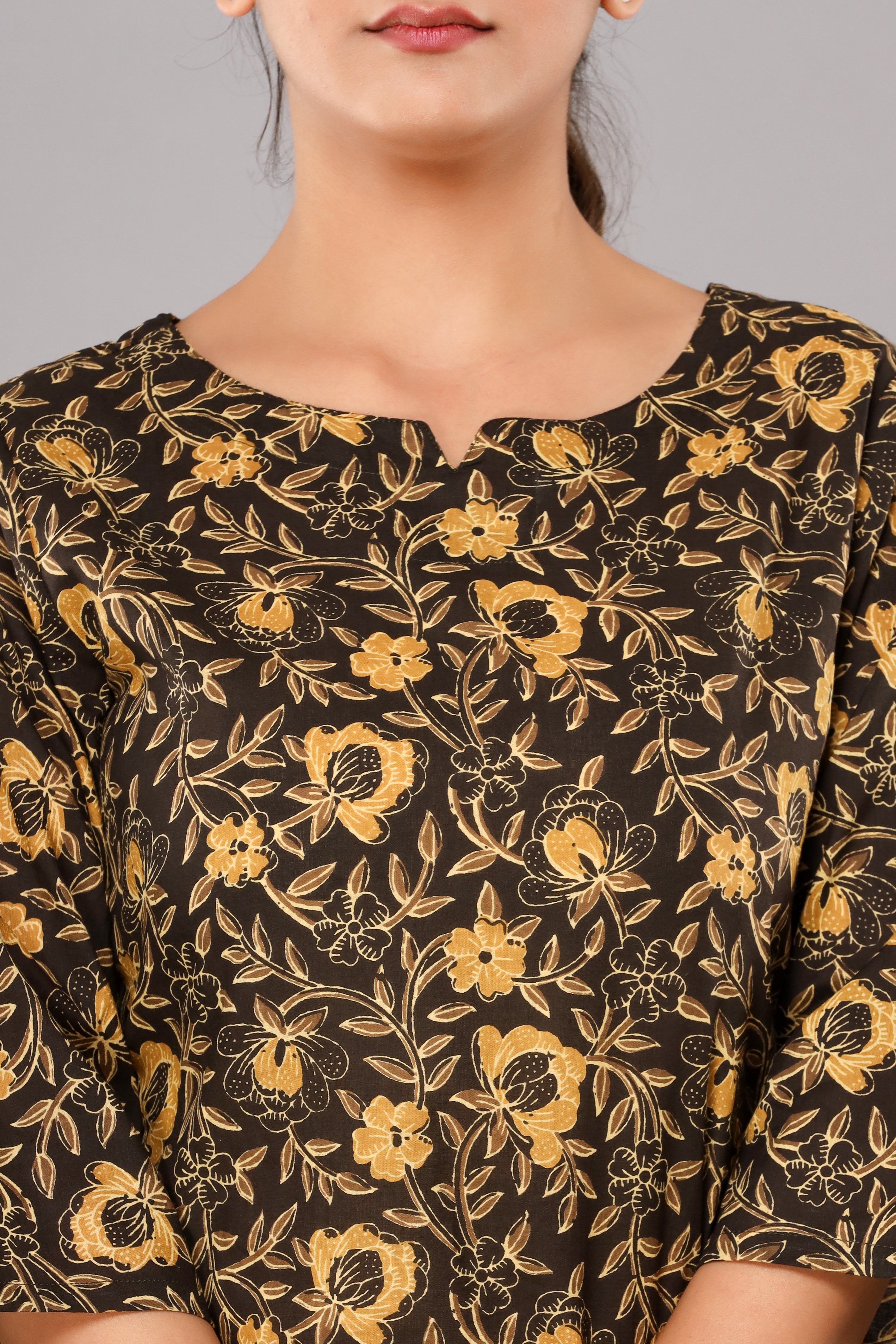 Dark Brown Floral Printed Cotton Night Suit