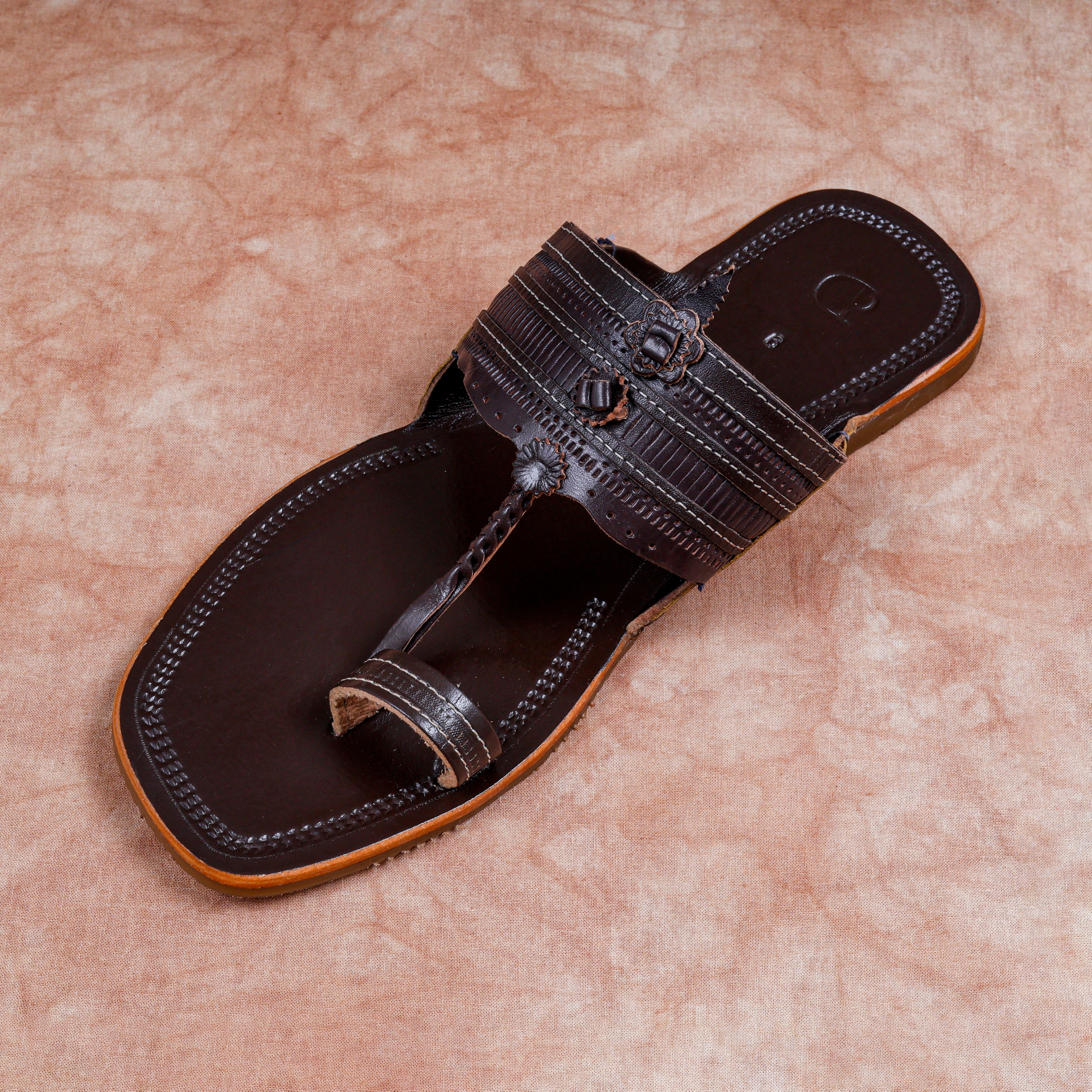 Dark Brown Heritage Patent Kolhapuri Sandals