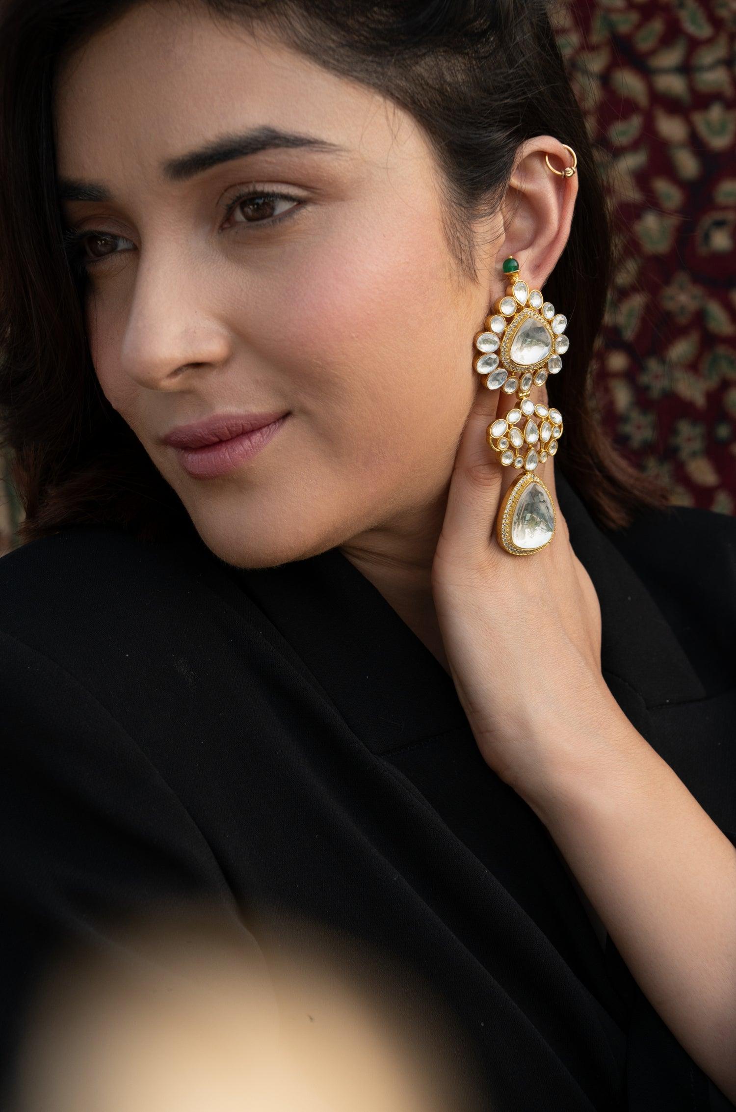 Sparkling CZ Polki & Pearl Ensemble Set - Dyulokha