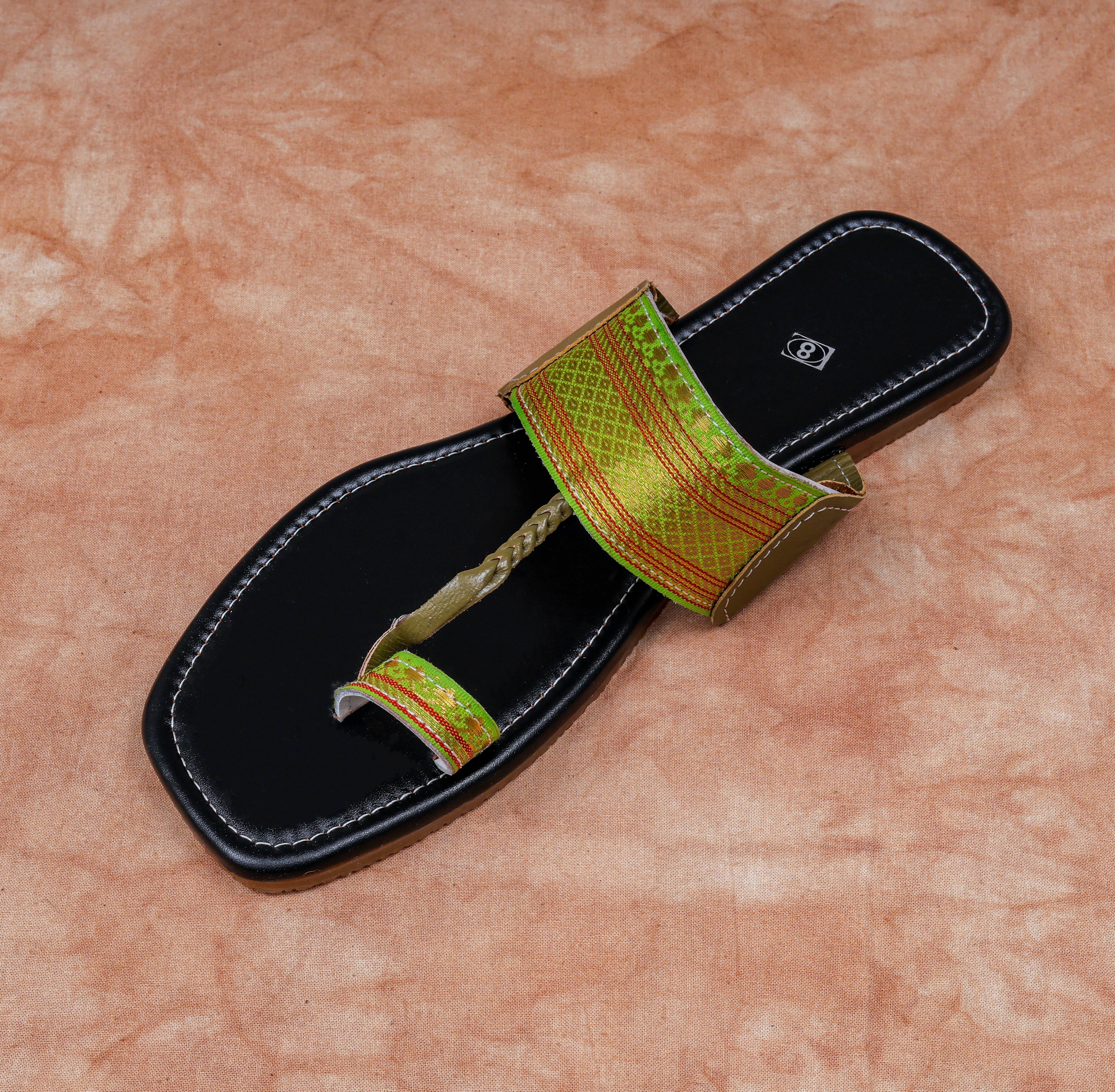 Black Leather Open Toe Kolhapuri Flats