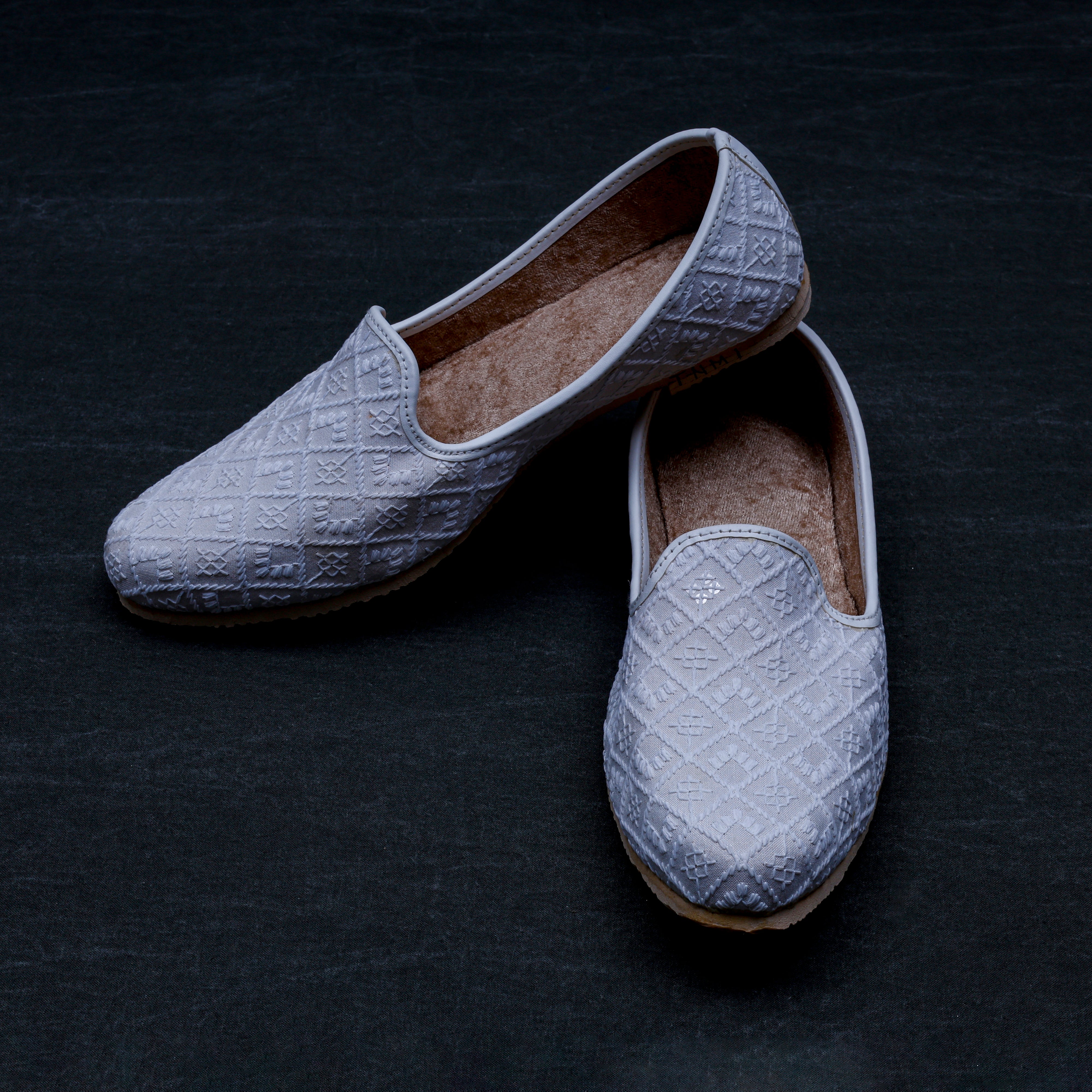 White Textured Almond Fabric Jutti