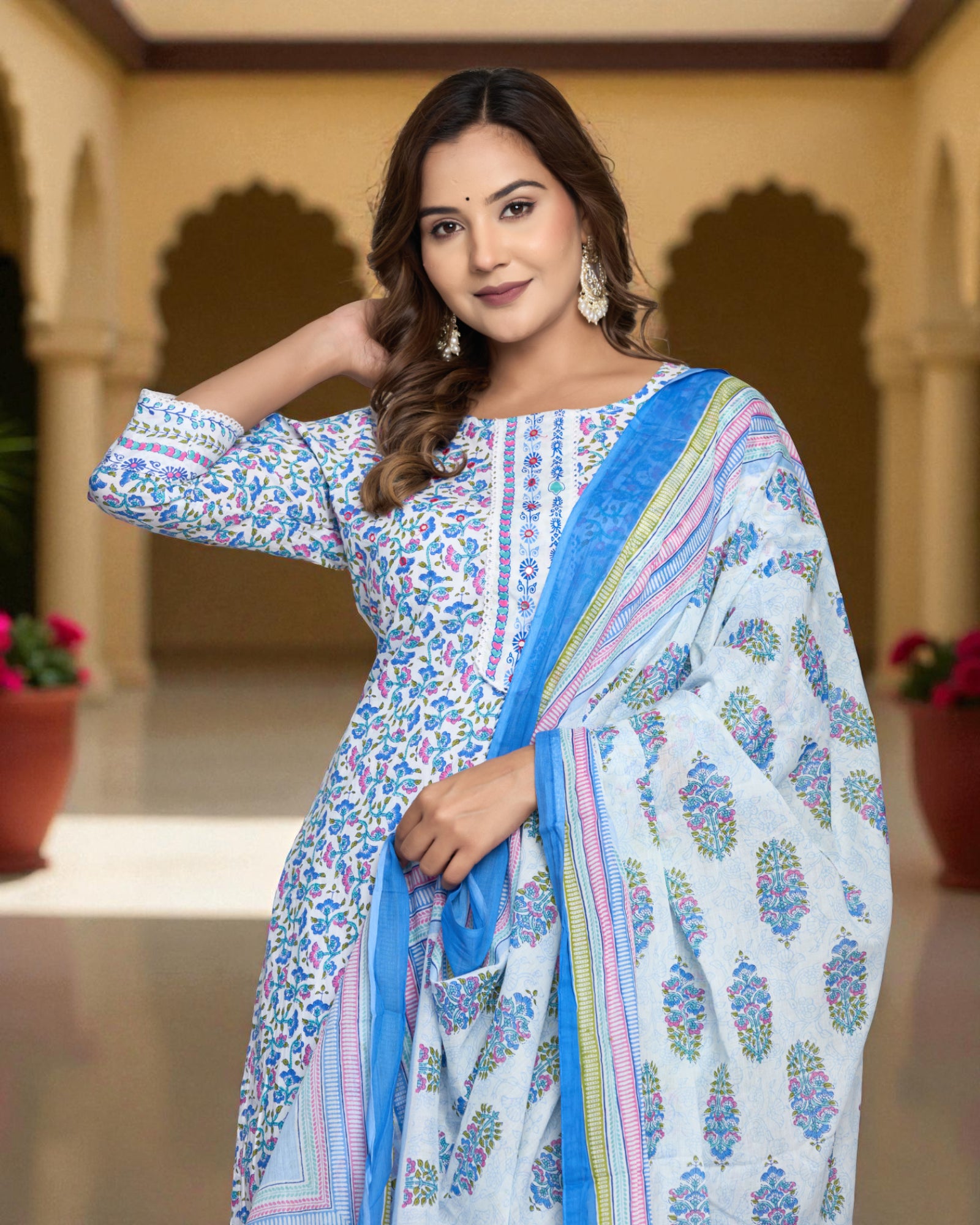 Floral Printed Cotton Kurta Set With Scarf