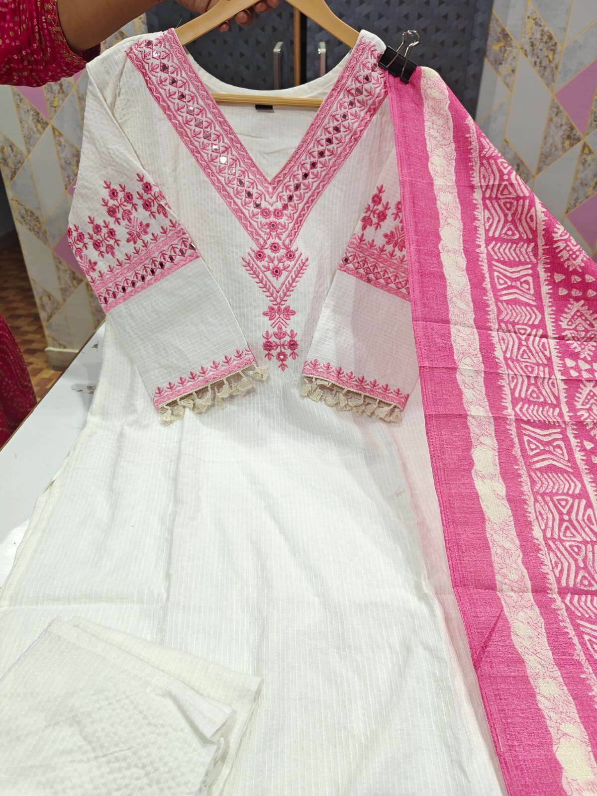 Off-White Silk Three Piece Kurta Set