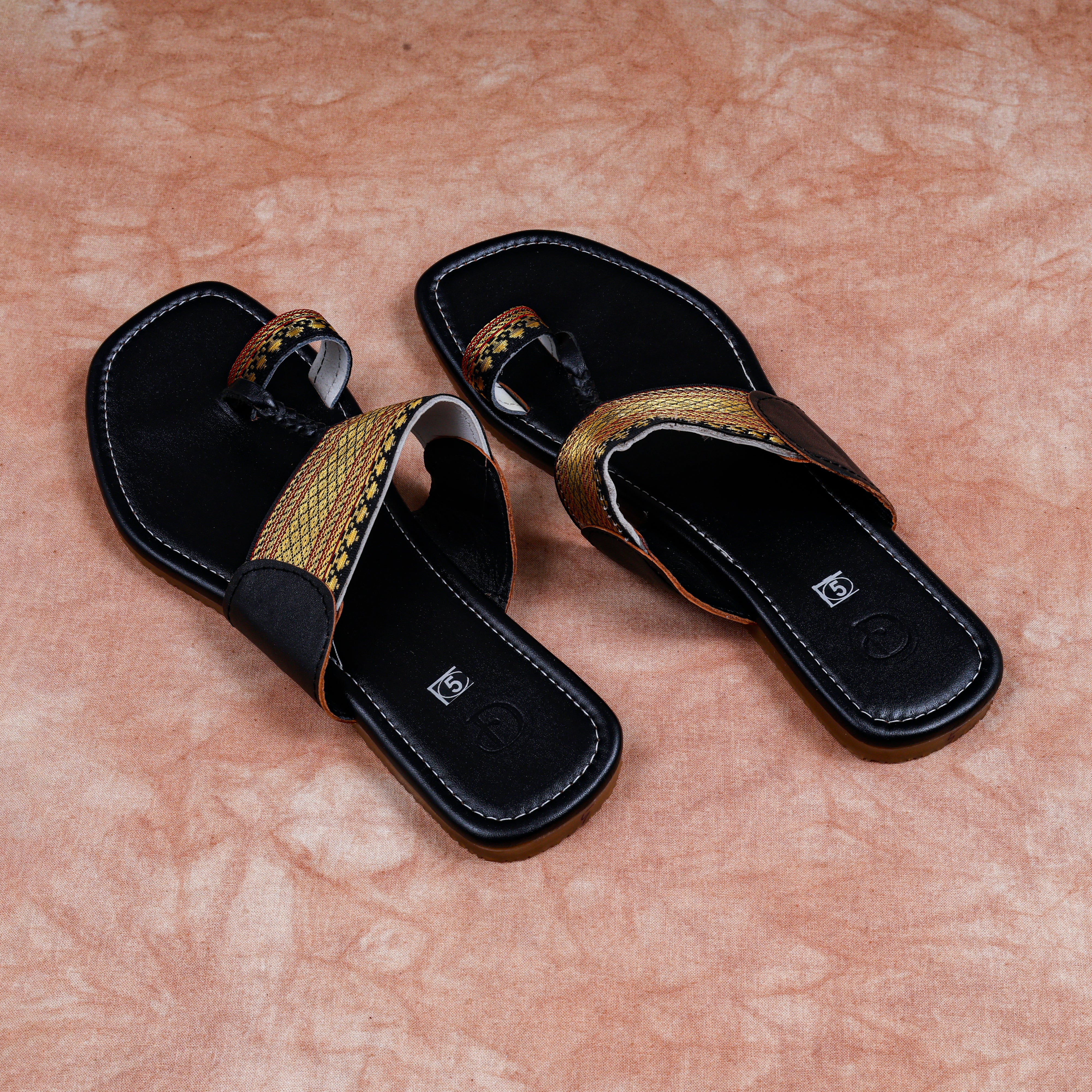 Black Leather Open Toe Ethnic Flats