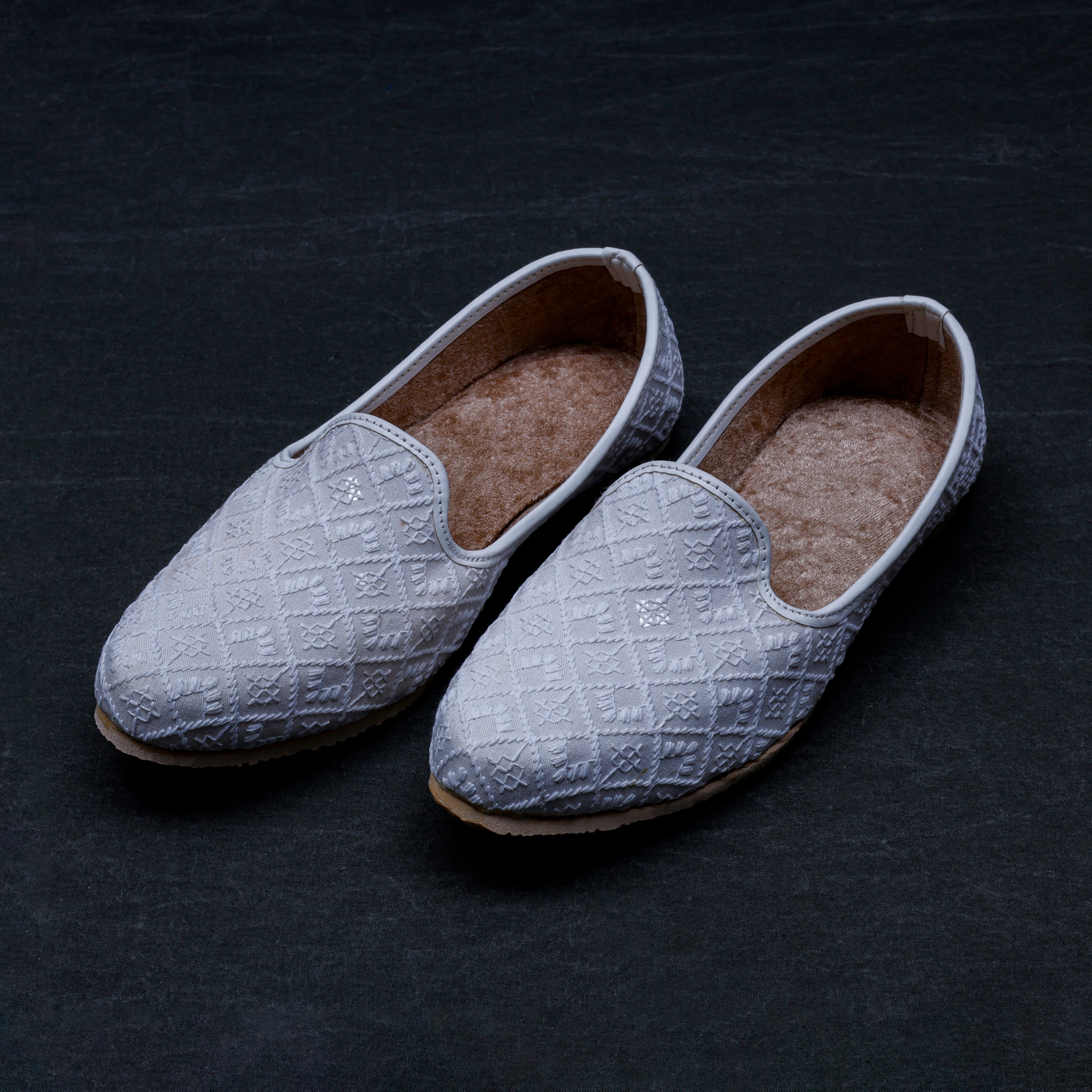 White Textured Almond Fabric Jutti