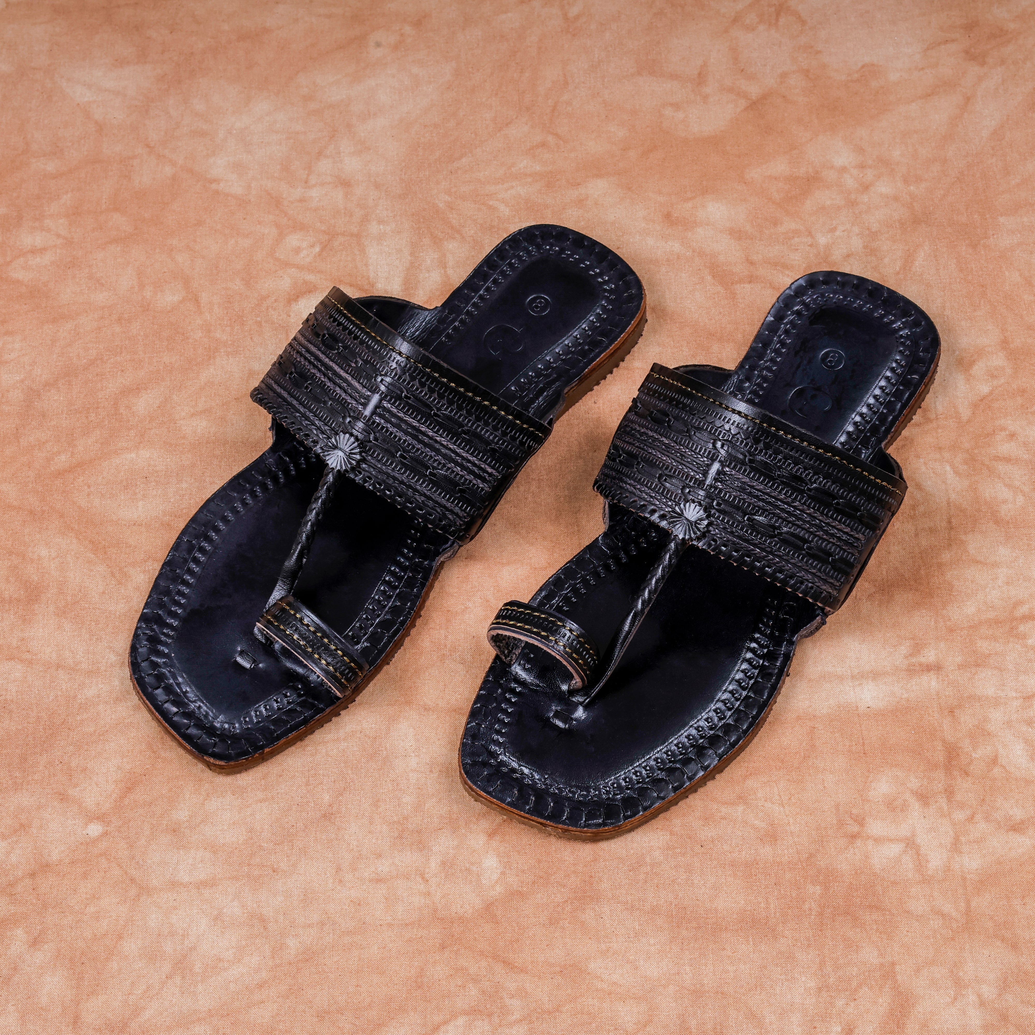 Handcrafted Black Patent Kolhapuri Sandals