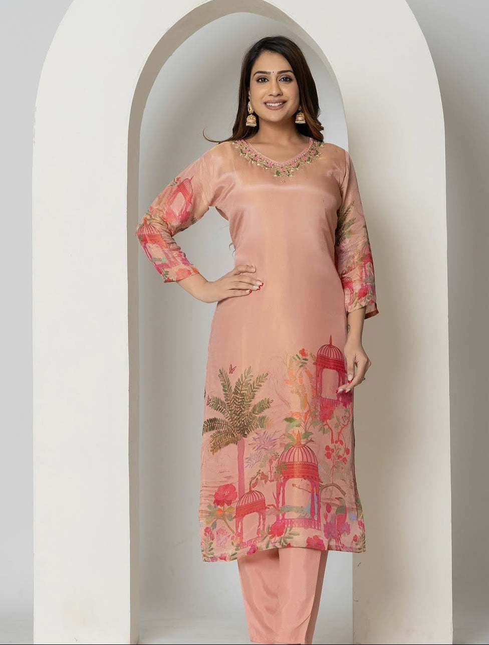 Peach Chinon Silk Floral Embroidered Kurta Set