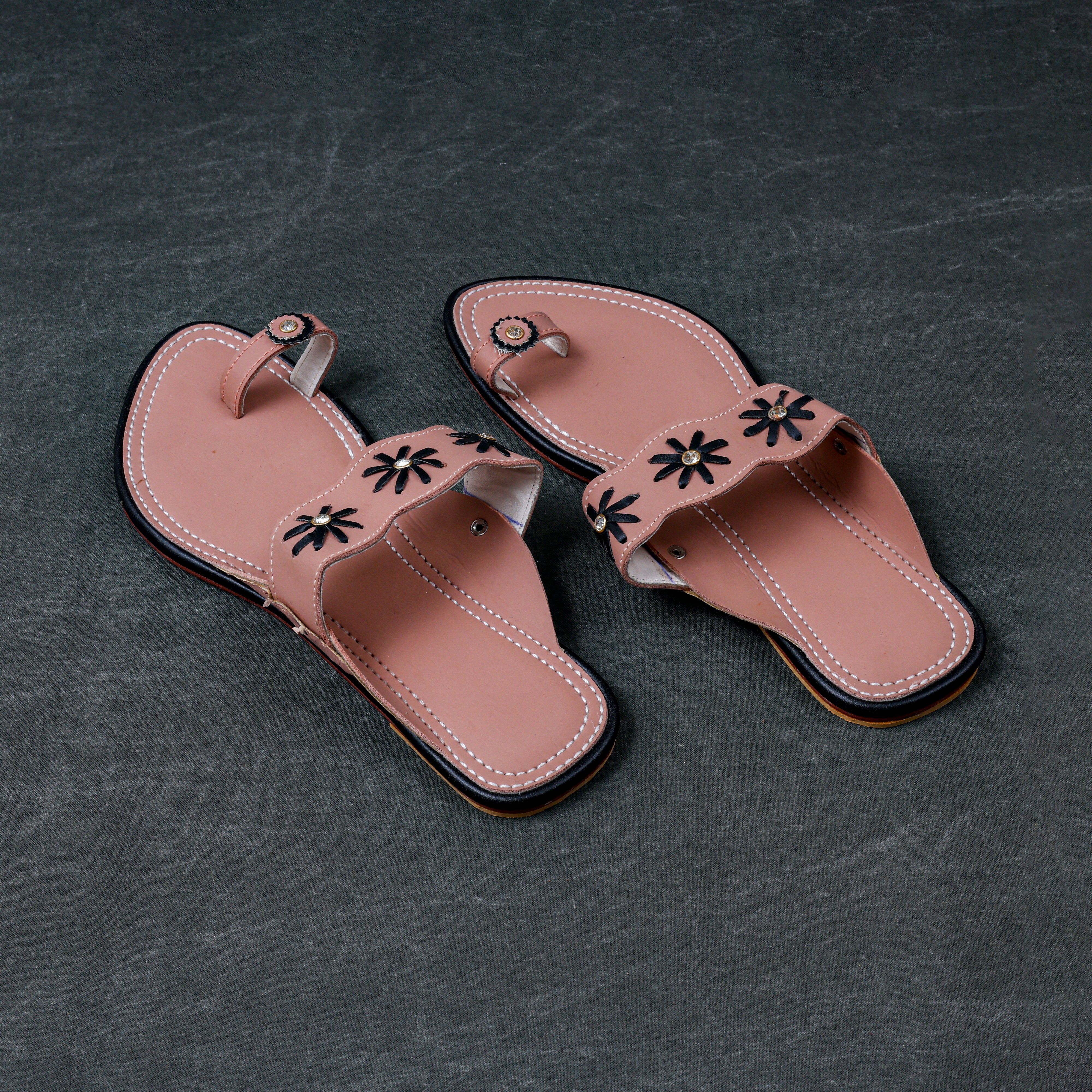 Peach Rexine Open Toe Ethnic Flats