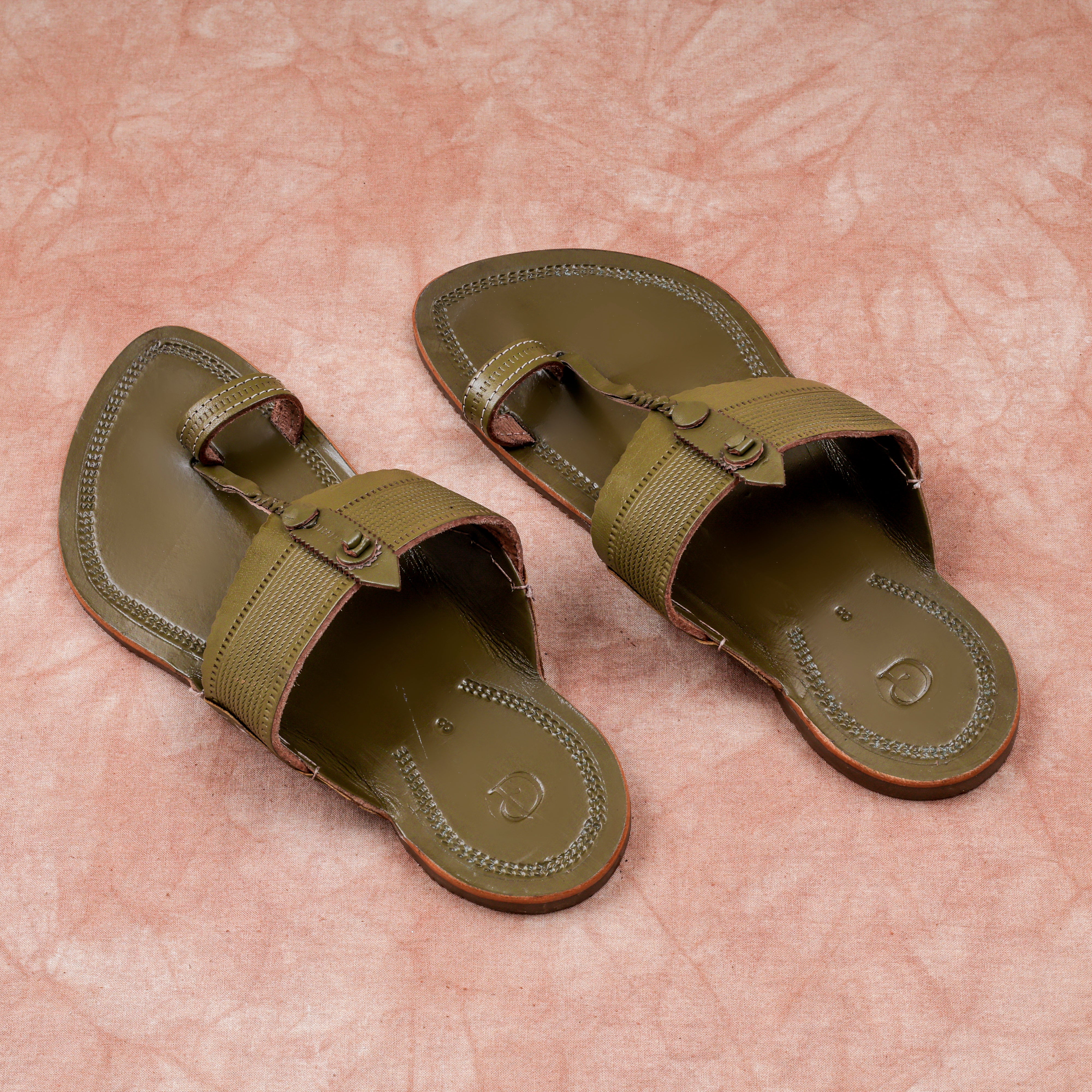 Glossy Olive Green Leather Kolhapuri Sandals