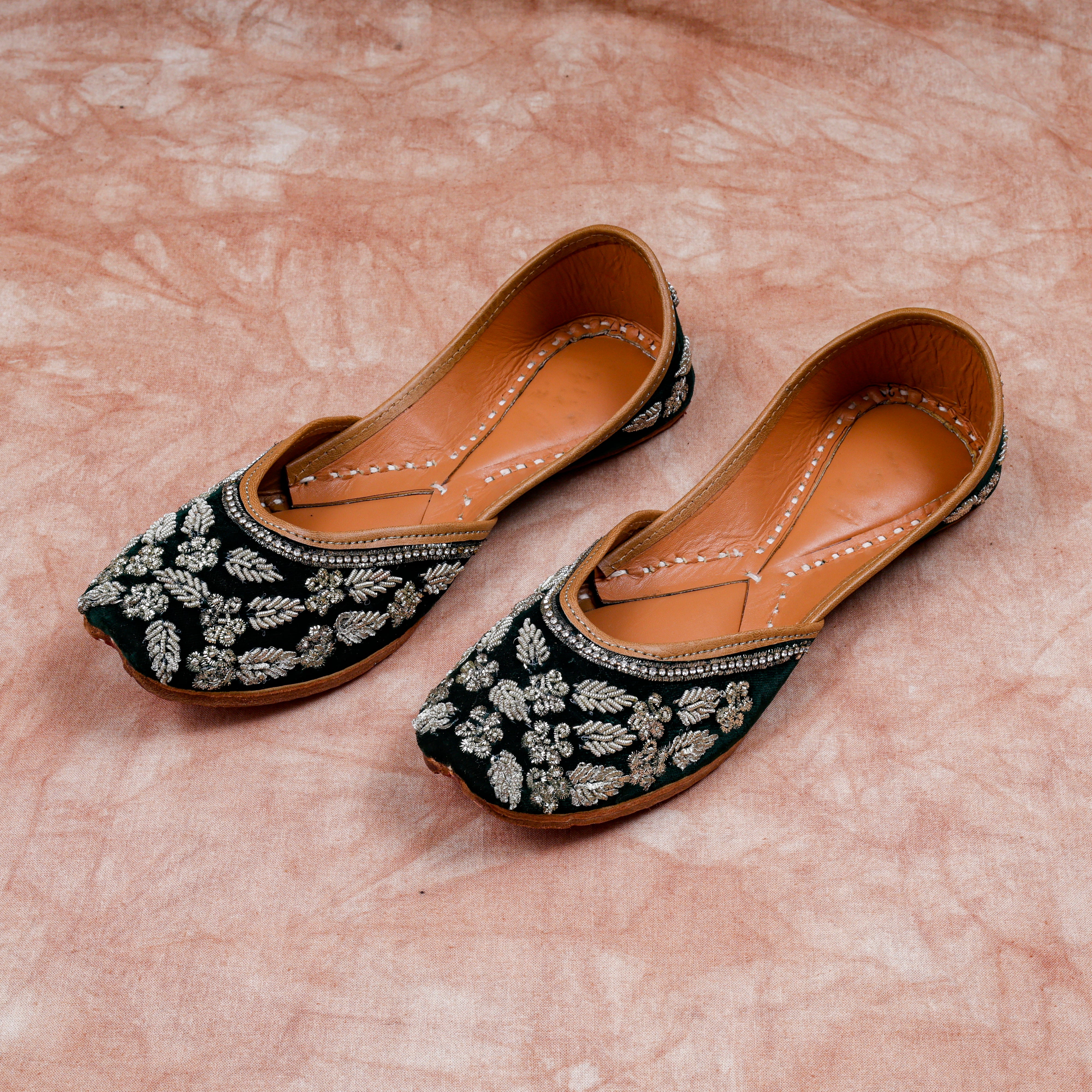 Velvet Closed Toe Jutti In Bottle Green