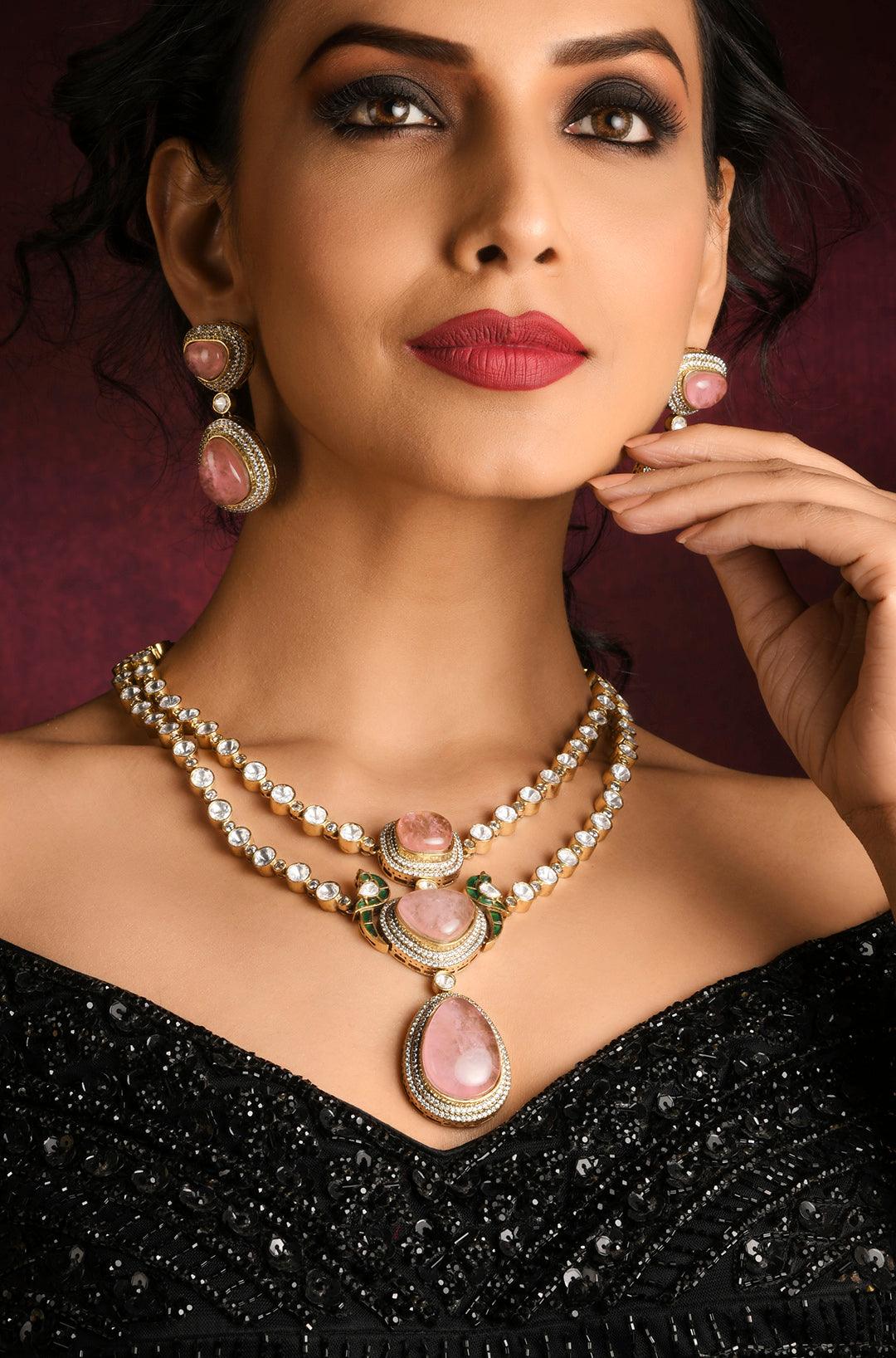 Polki Pink Stone Double Layered Necklace Set - Dyulokha