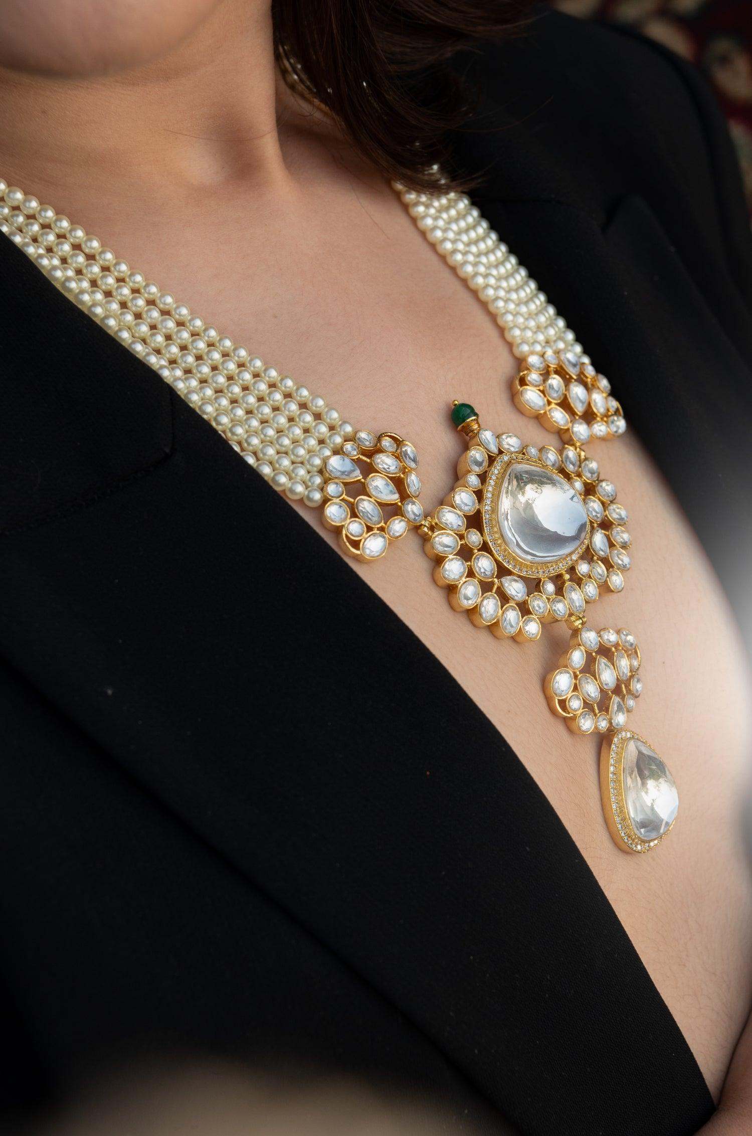 Sparkling CZ Polki & Pearl Ensemble Set - Dyulokha