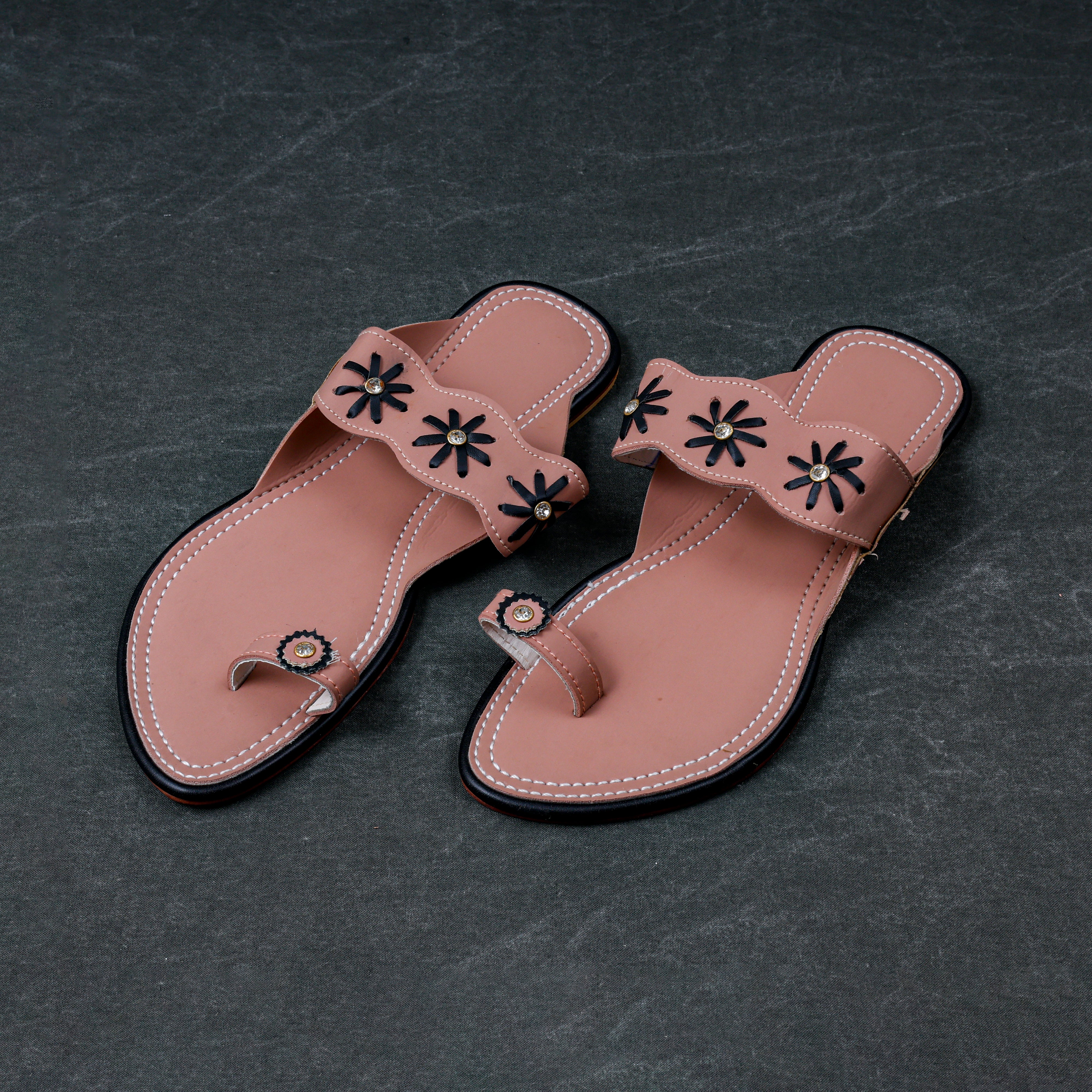 Peach Rexine Open Toe Ethnic Flats
