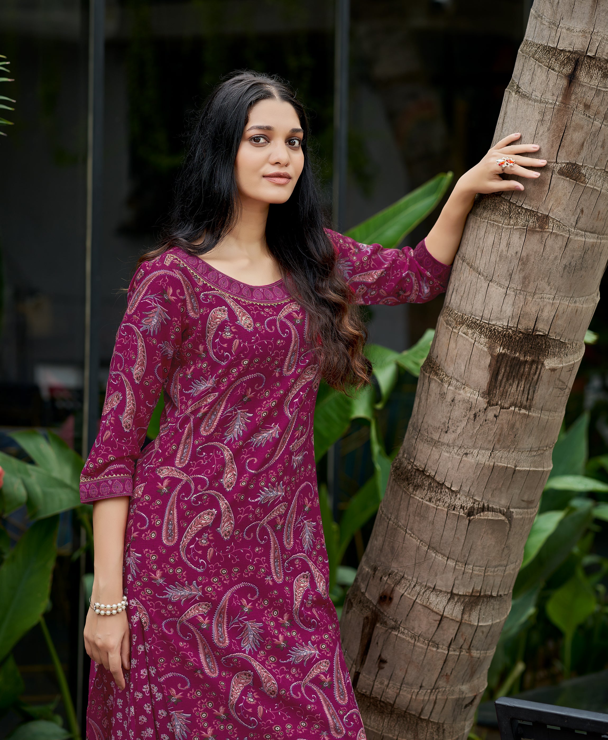 Dark Pink Cotton Embroidered Kurta Set
