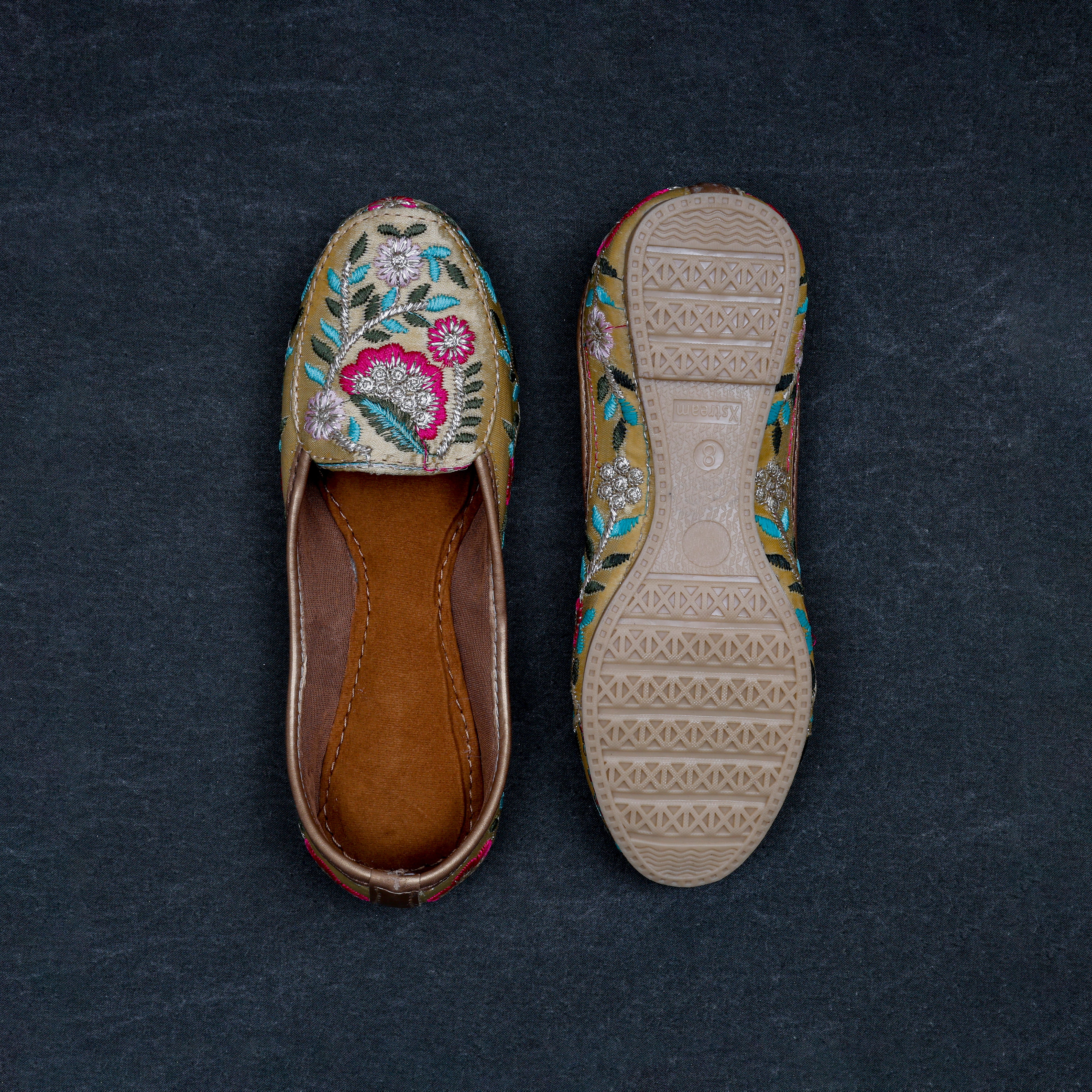 Gold Two Tone Fabric Ethnic Loafers