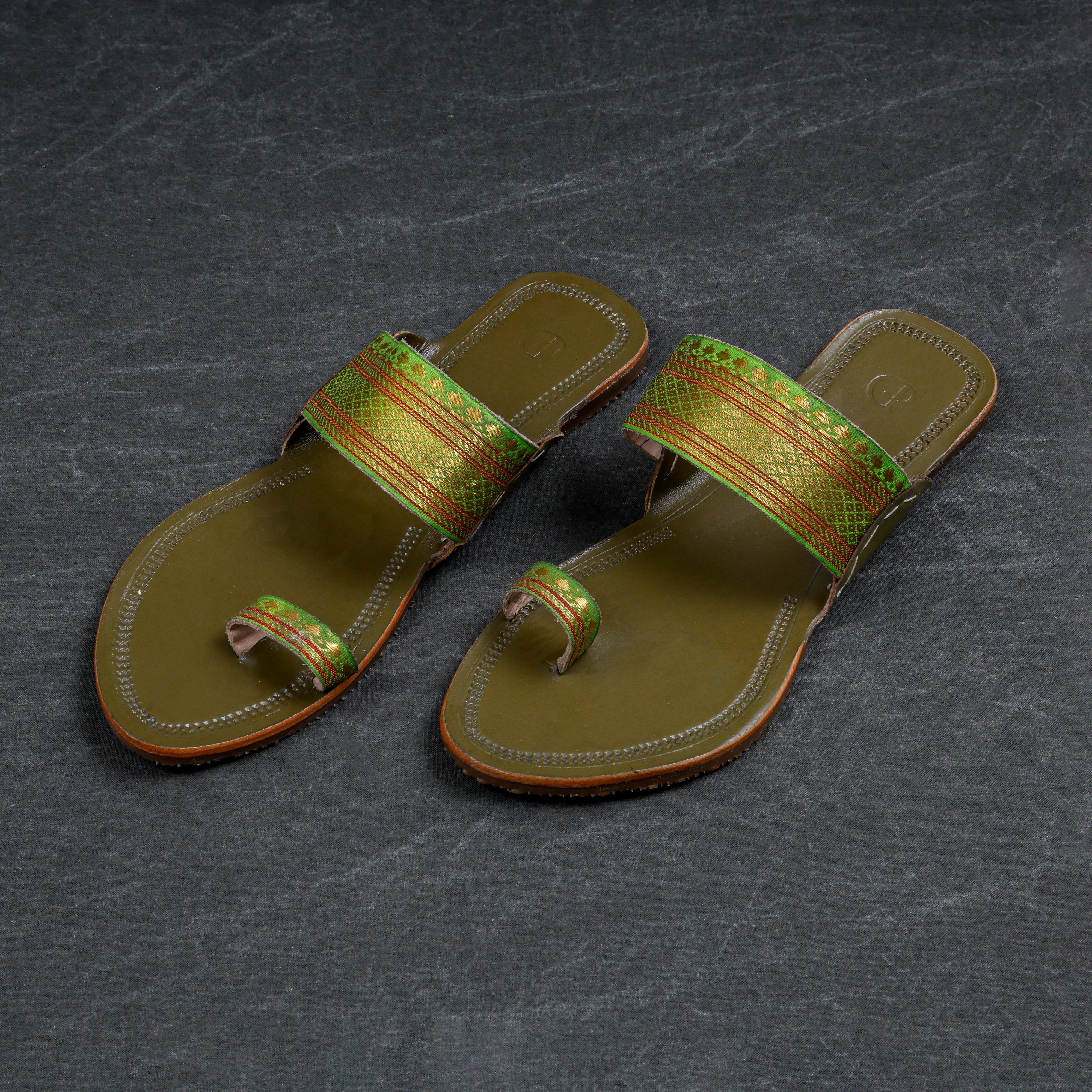 Olive Green Artisan Leather Open Toe Flats