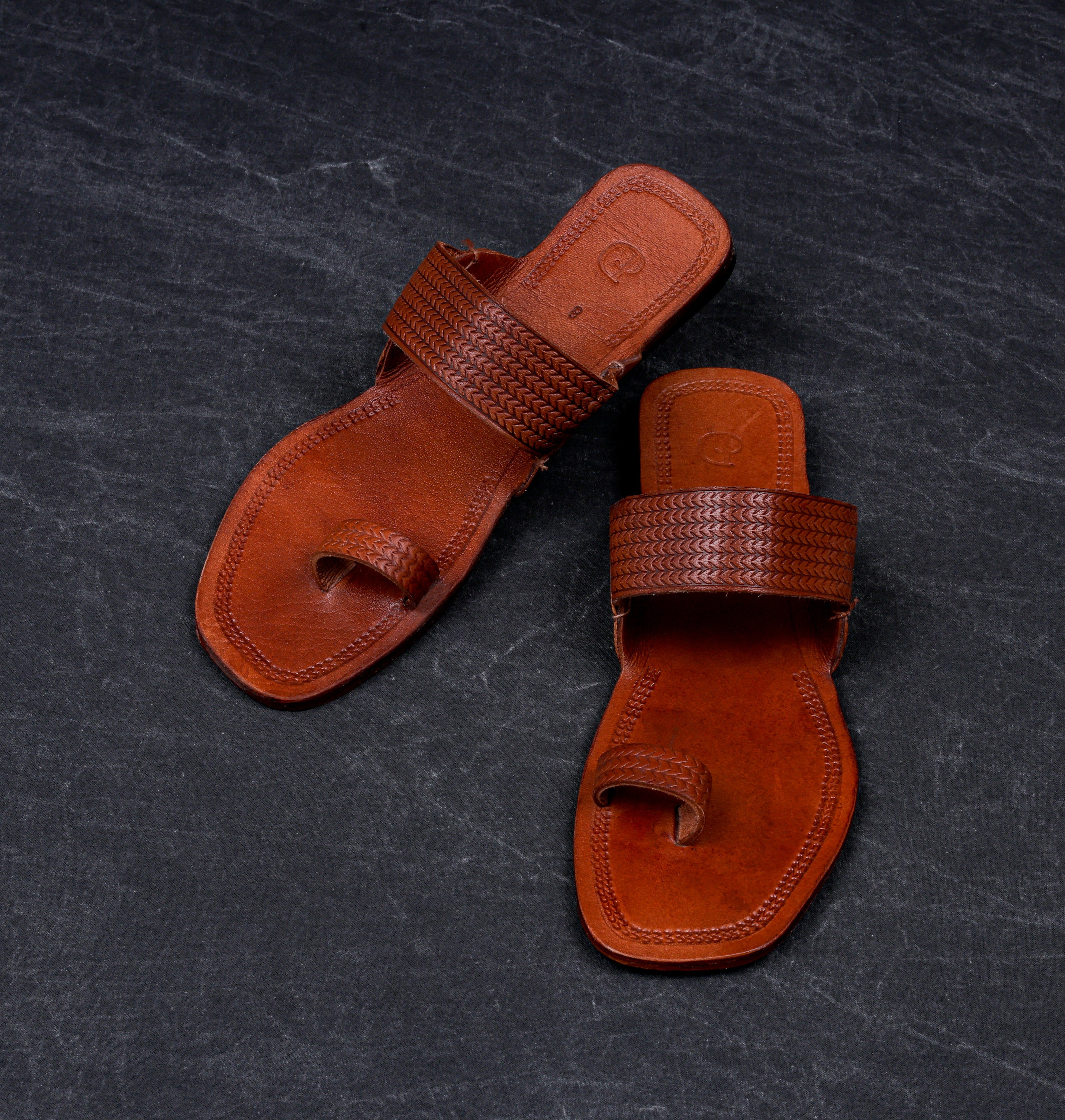 Tan Patent Kolhapuri Flats With Glossy Finish