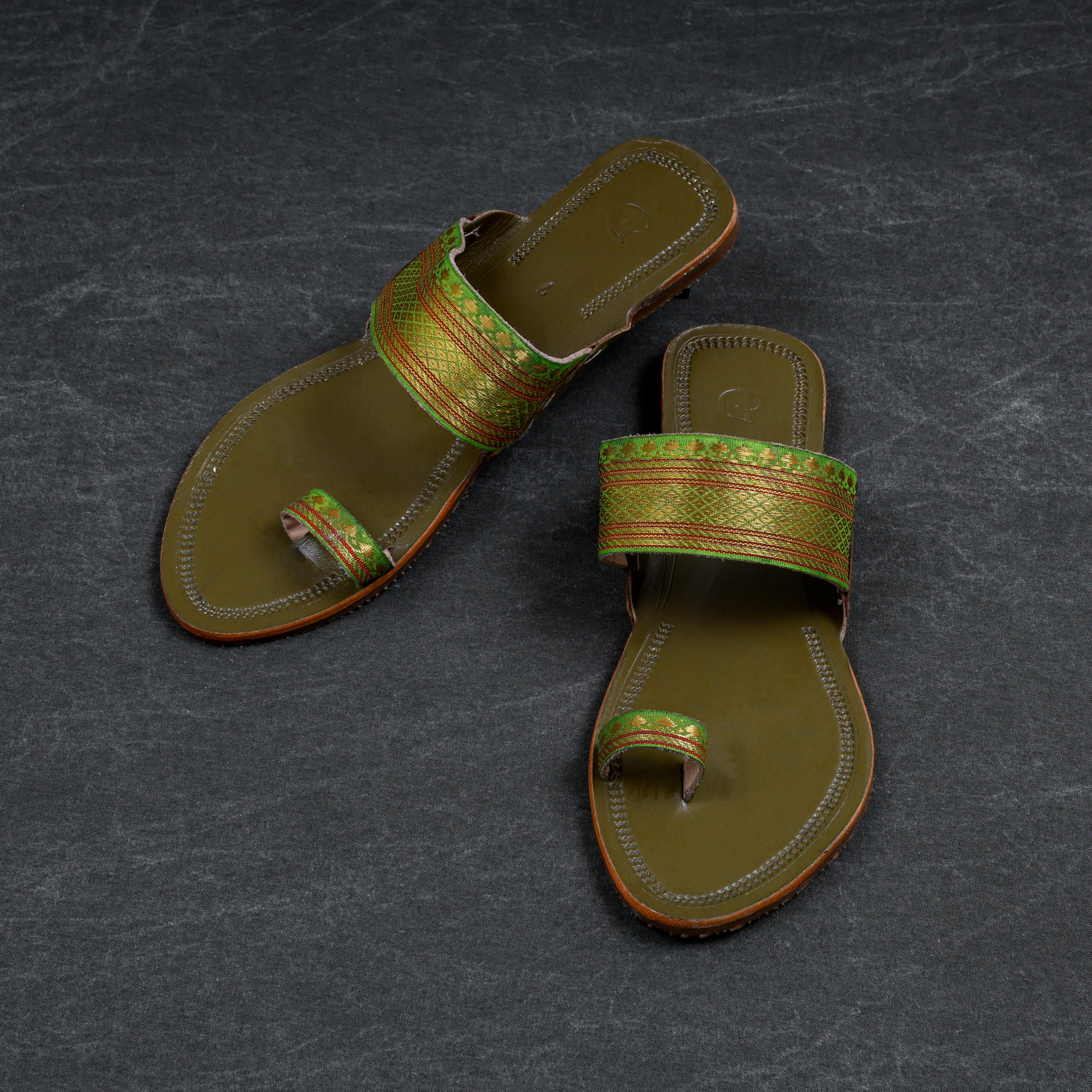 Olive Green Artisan Leather Open Toe Flats
