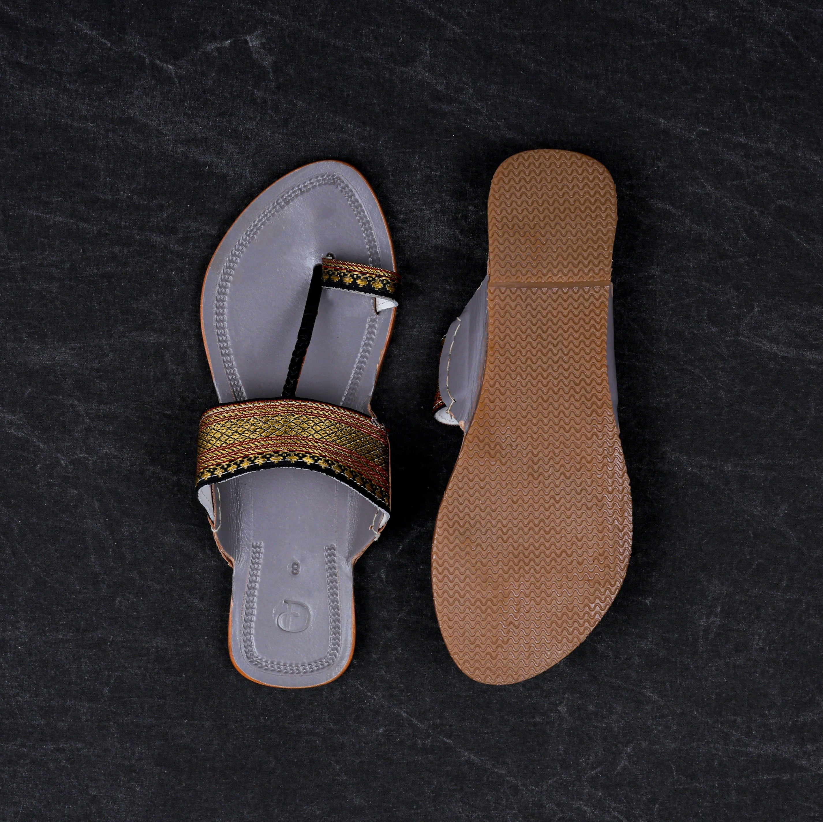 Grey Leather Slip On Kolhapuri Flats