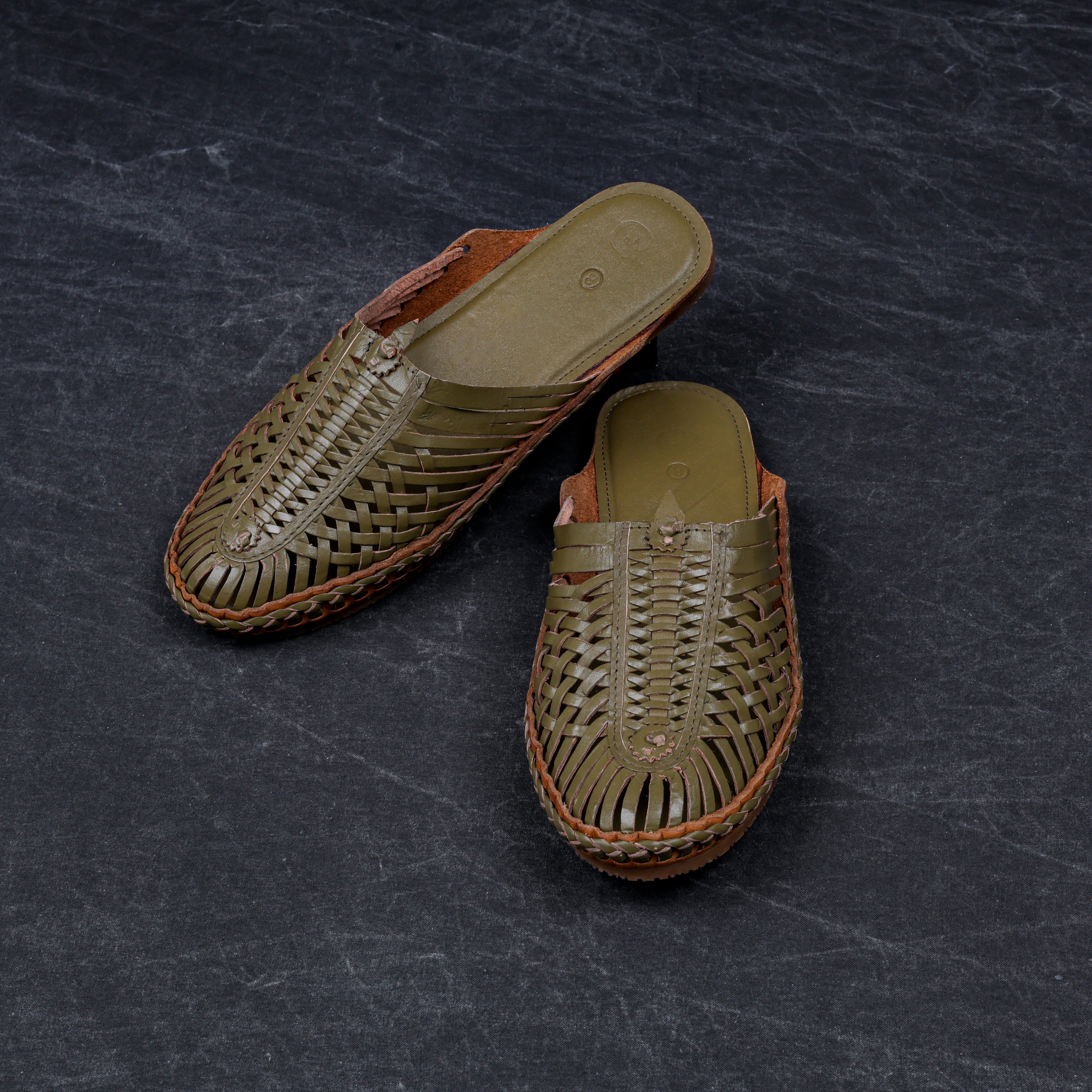 Olive Green Patent Leather Ethnic Mules