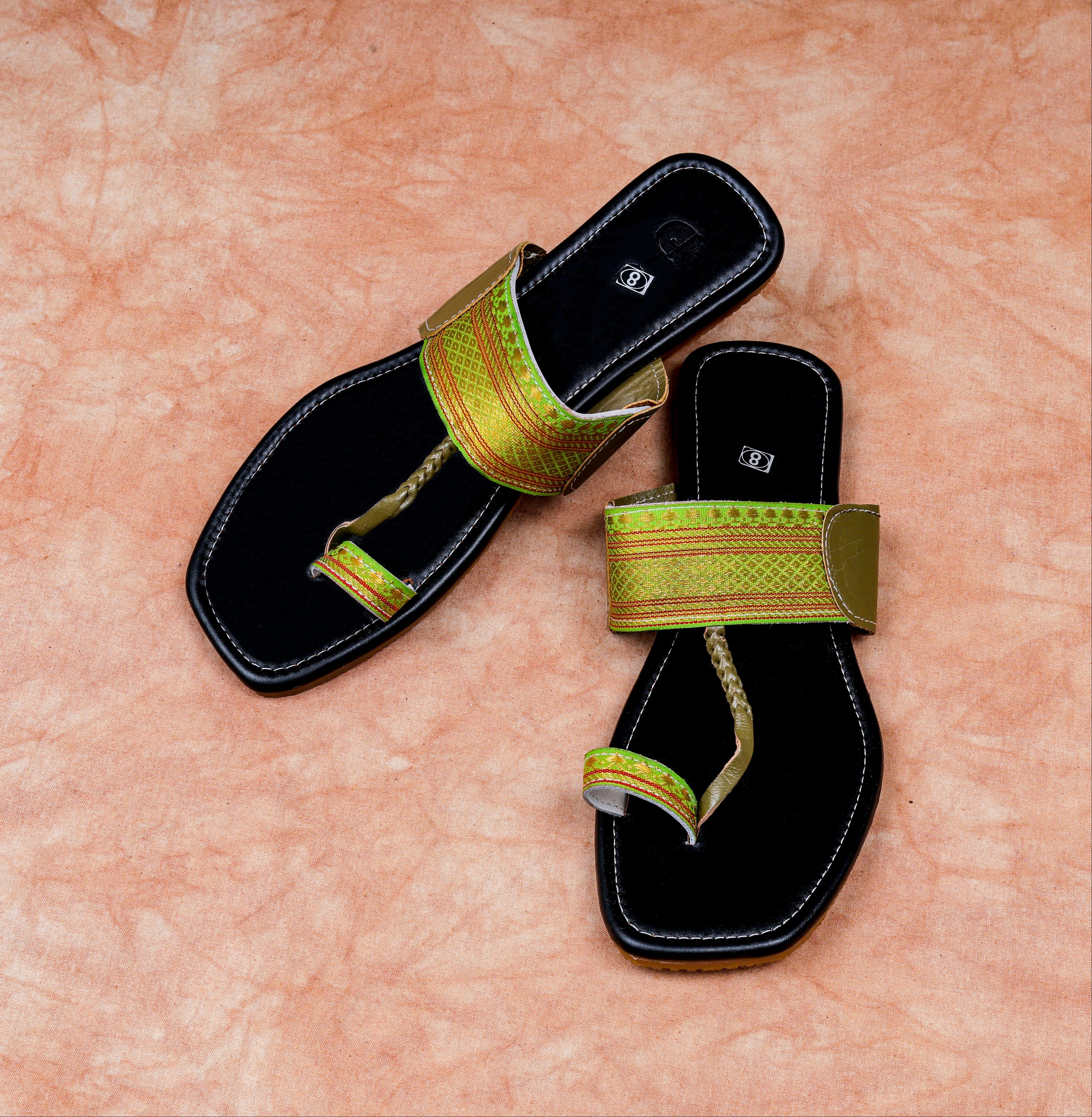 Black Leather Open Toe Kolhapuri Flats