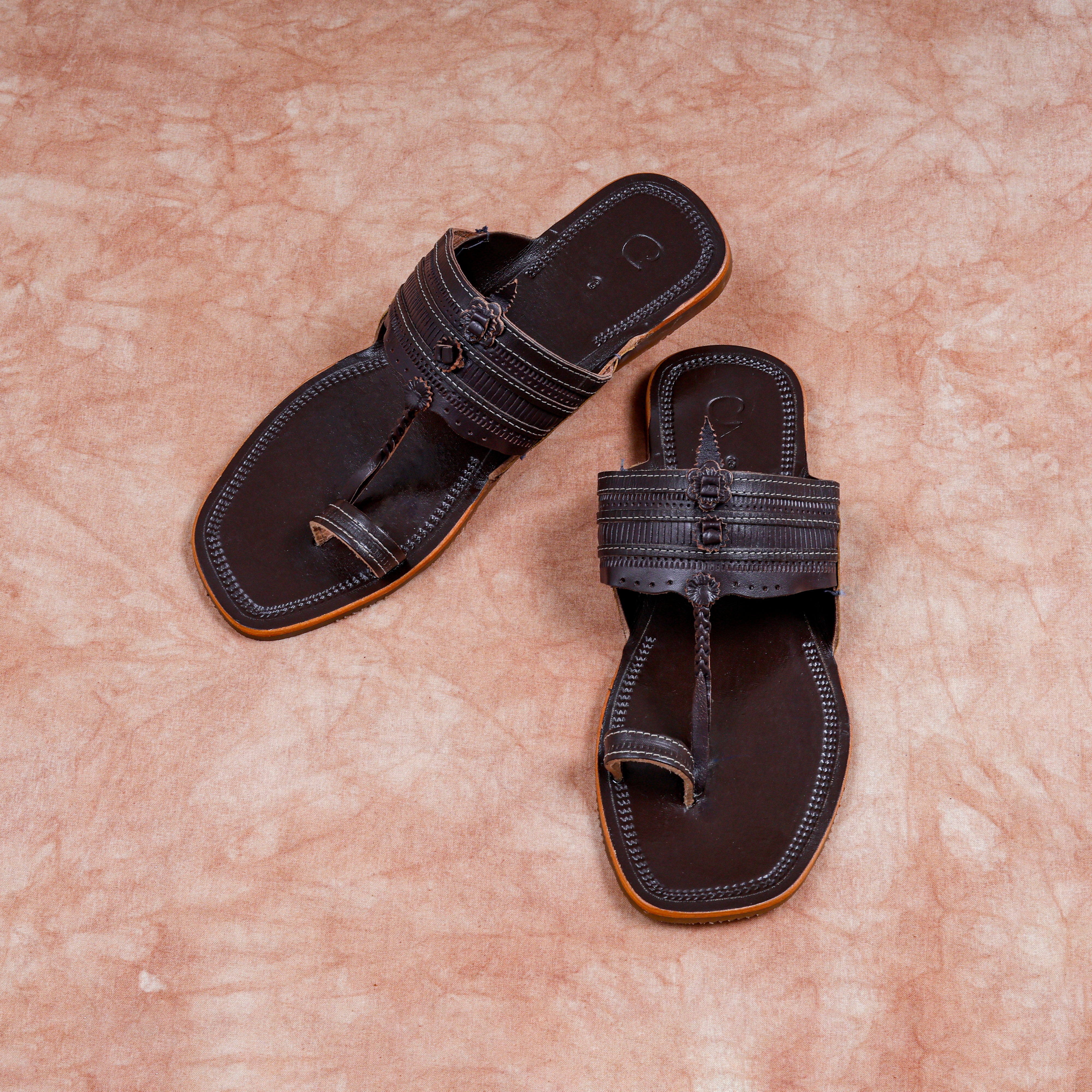 Dark Brown Heritage Patent Kolhapuri Sandals