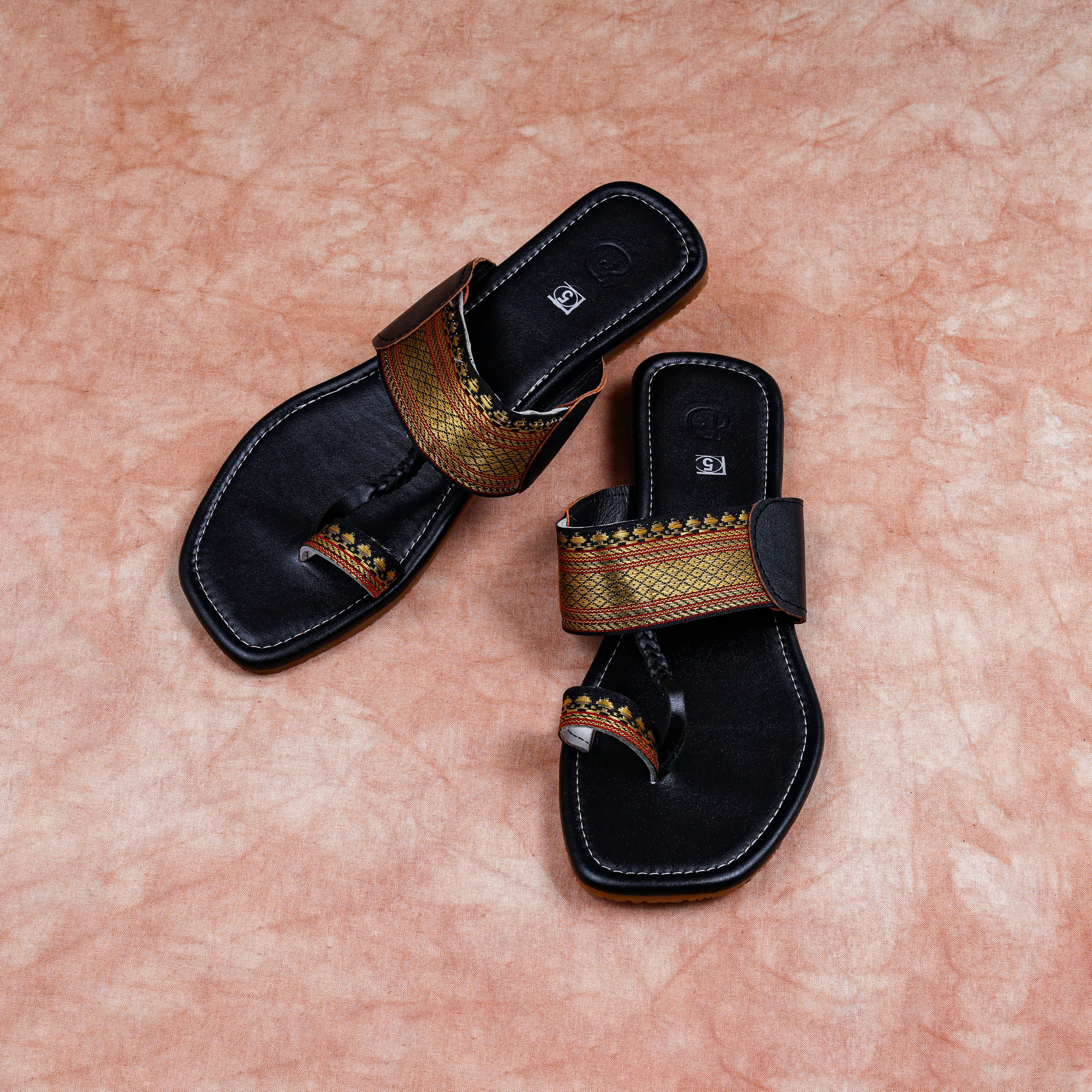 Black Leather Open Toe Ethnic Flats