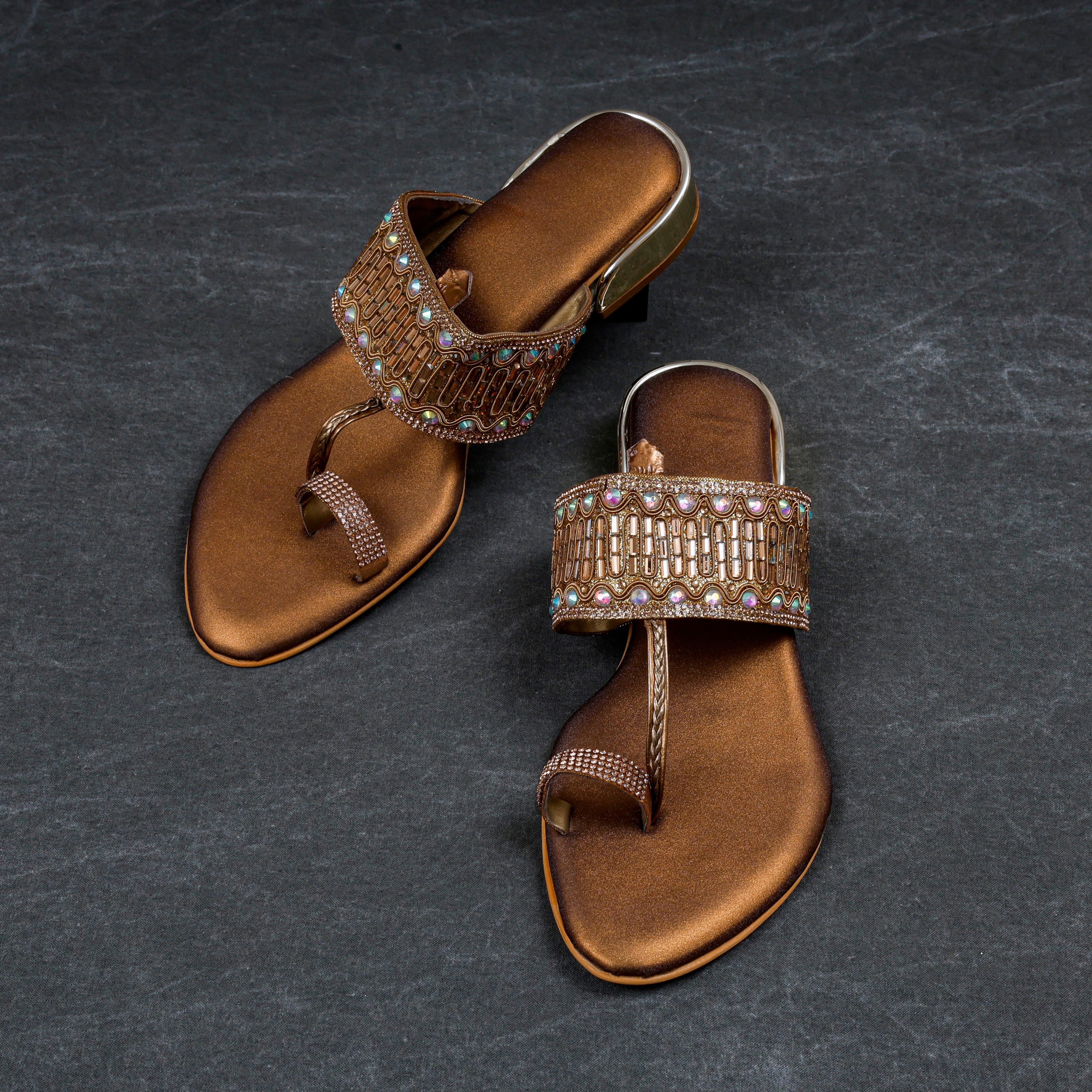 Gold Rexine Open Toe Ethnic Flats