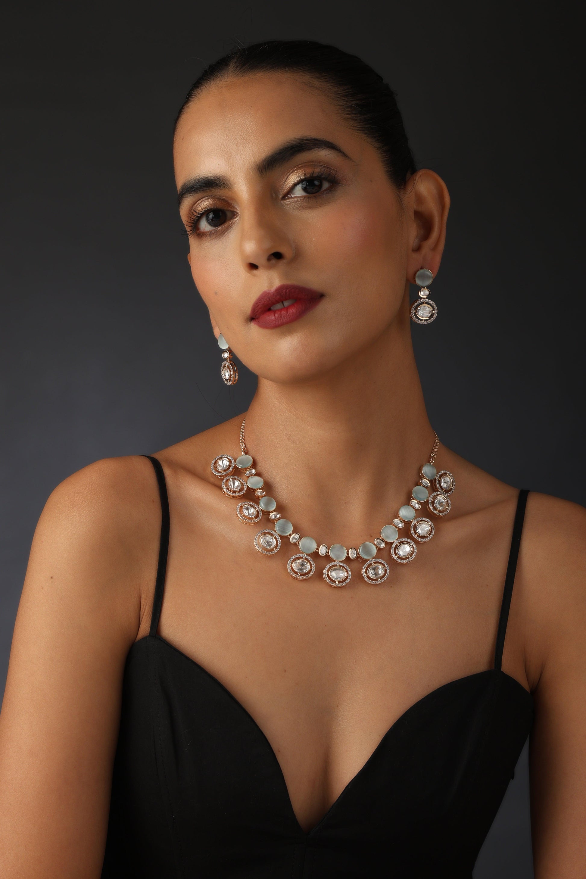 Blue Rose Gold Polki Necklace Set - Dyulokha