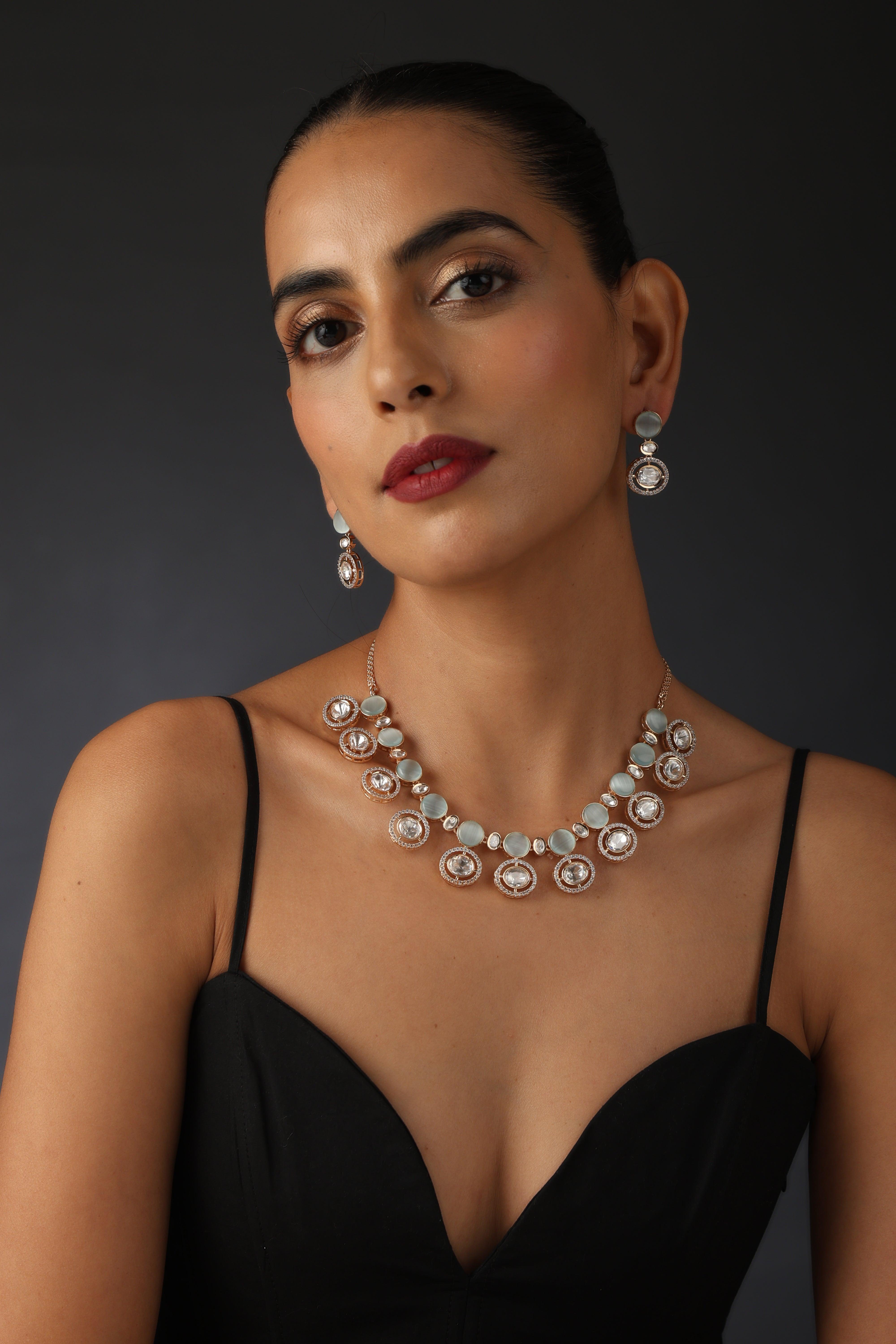 Blue Rose Gold Polki Necklace Set - Dyulokha