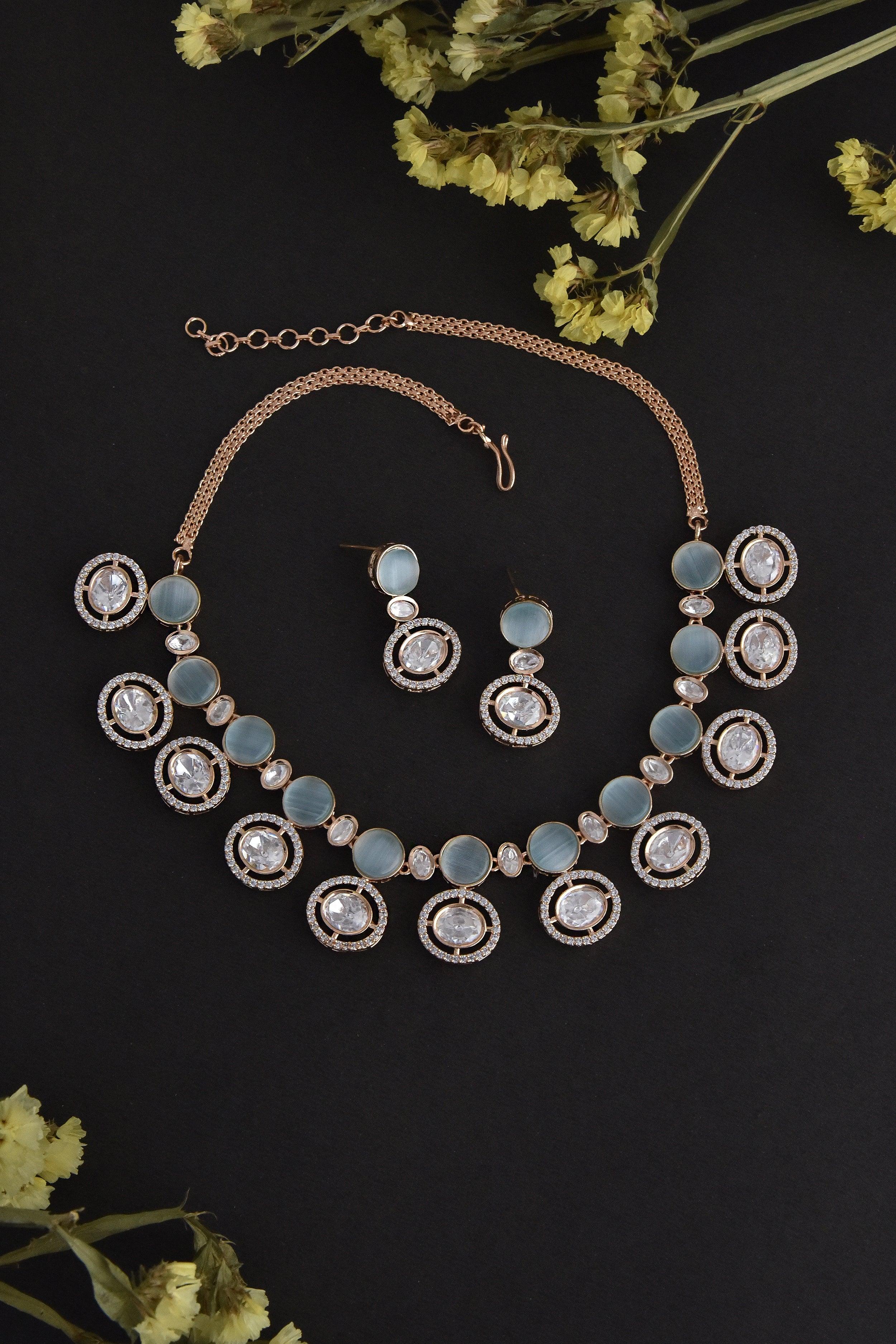 Blue Rose Gold Polki Necklace Set - Dyulokha