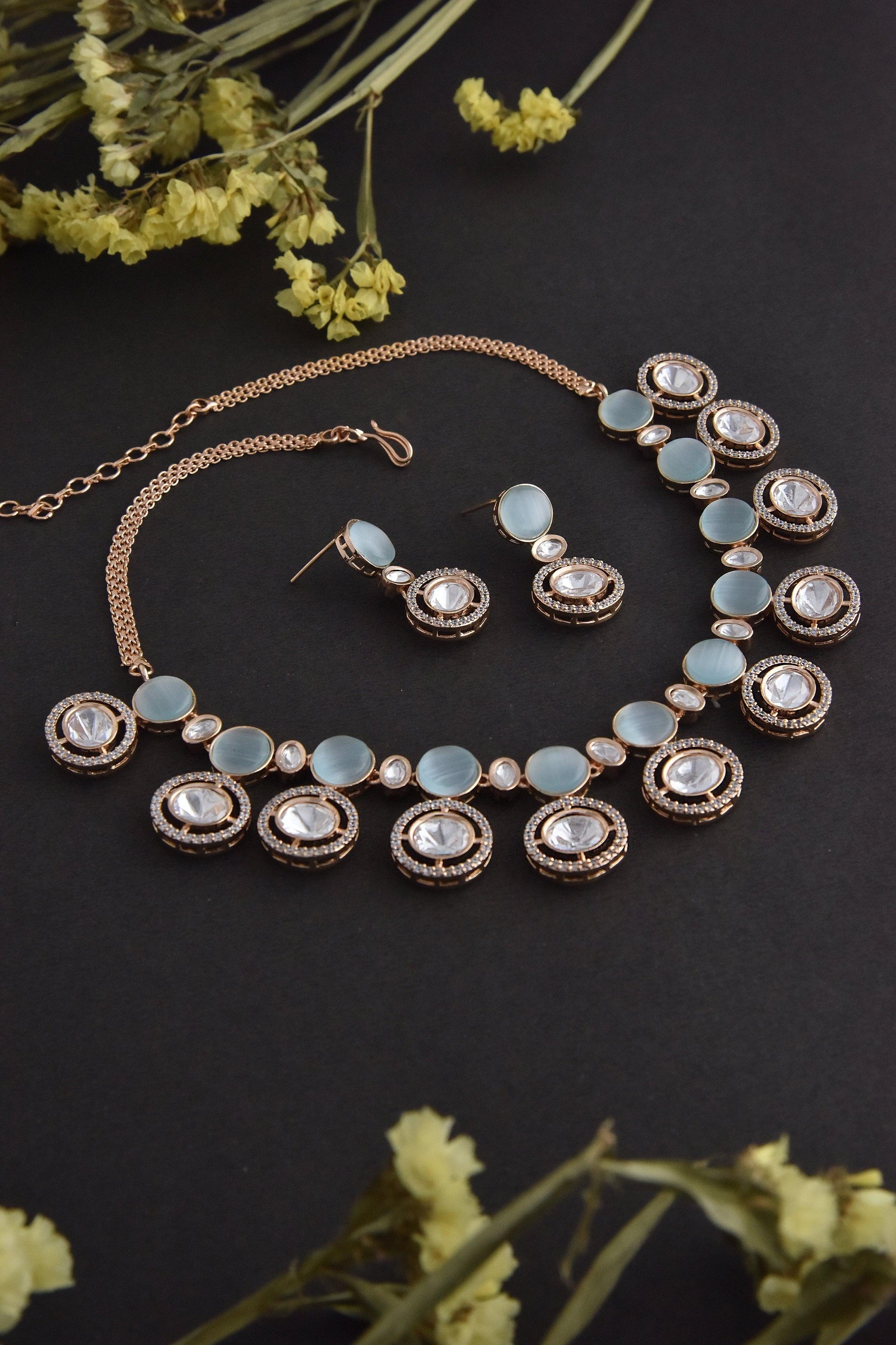 Blue Rose Gold Polki Necklace Set - Dyulokha