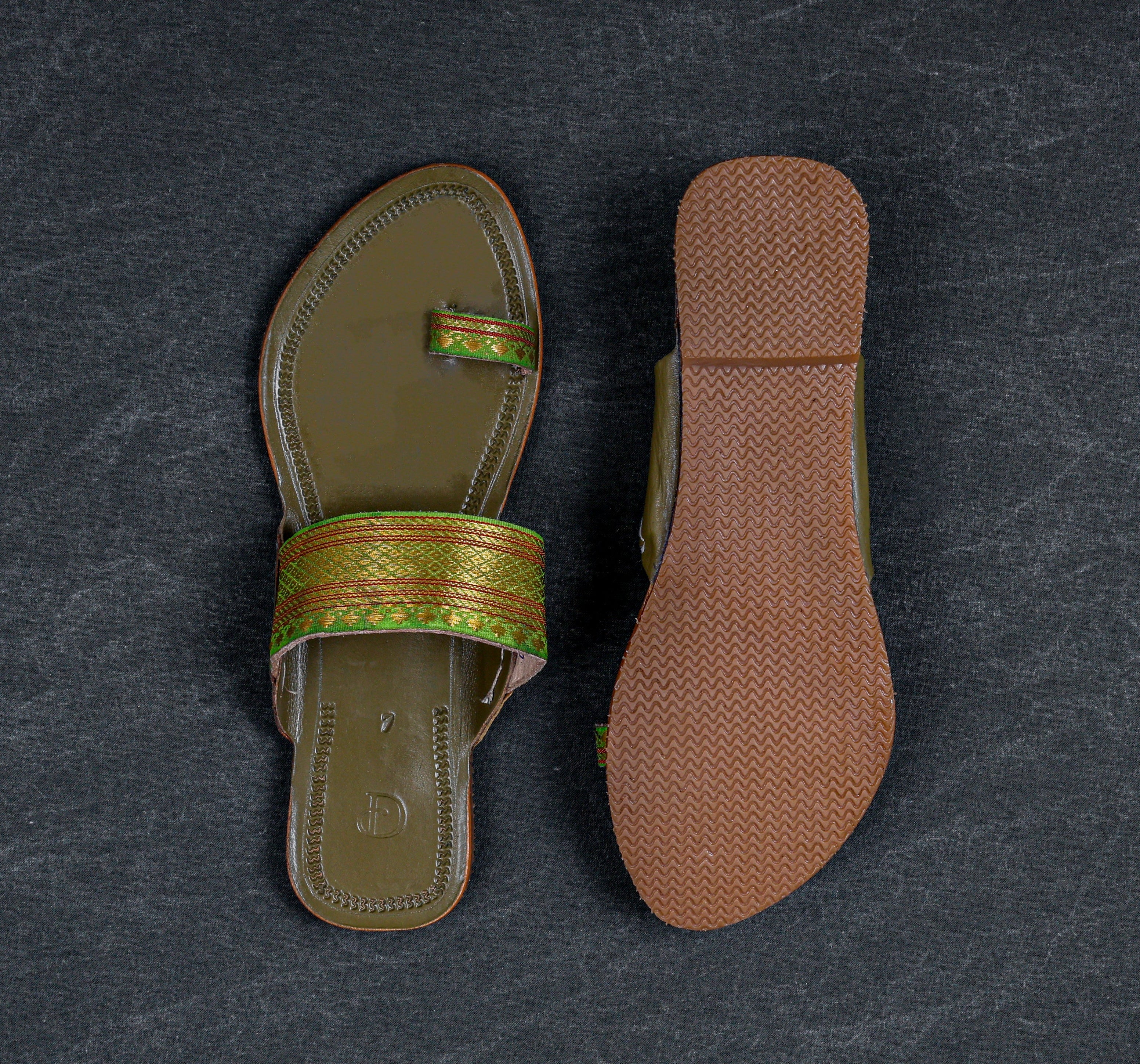Olive Green Artisan Leather Open Toe Flats