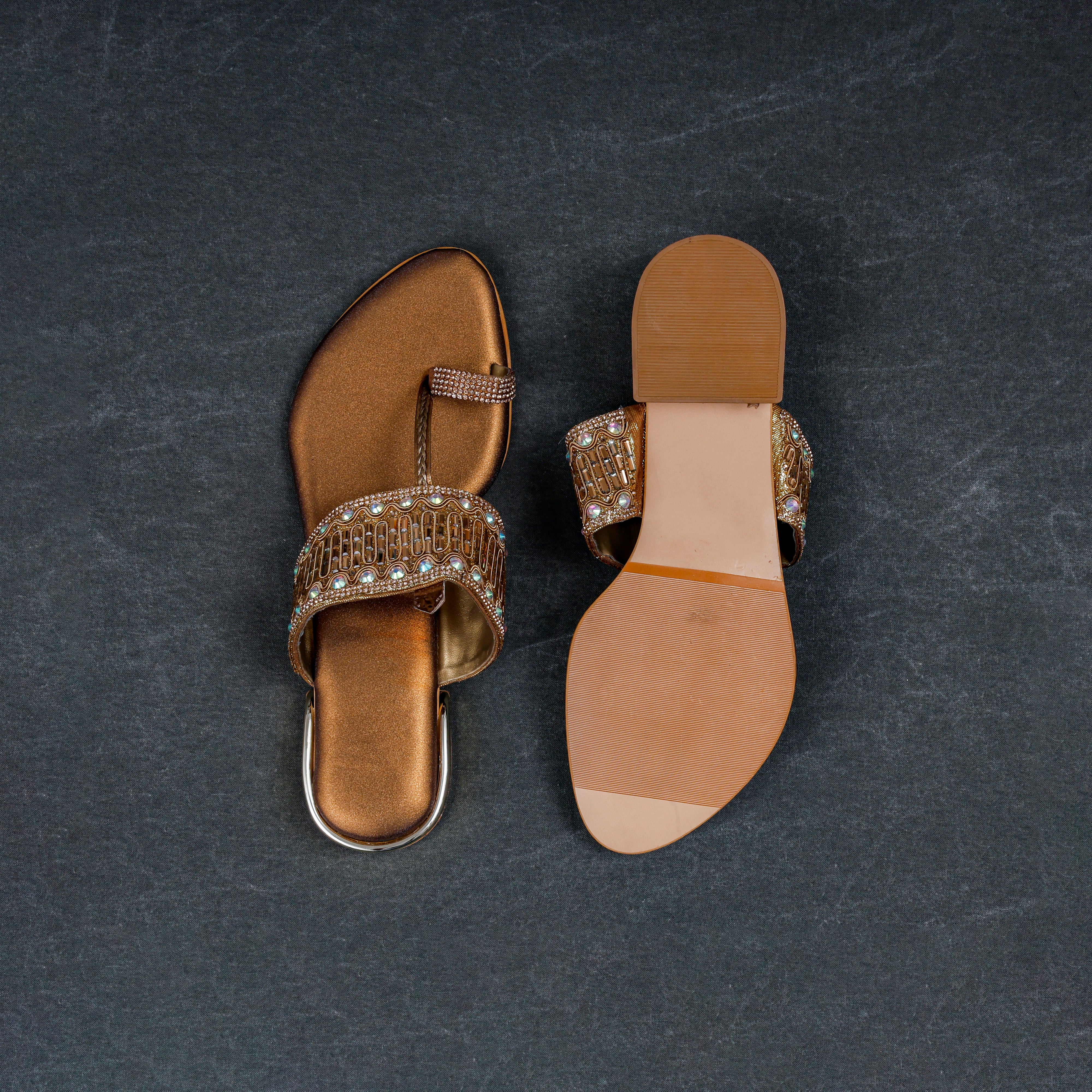 Gold Rexine Open Toe Ethnic Flats