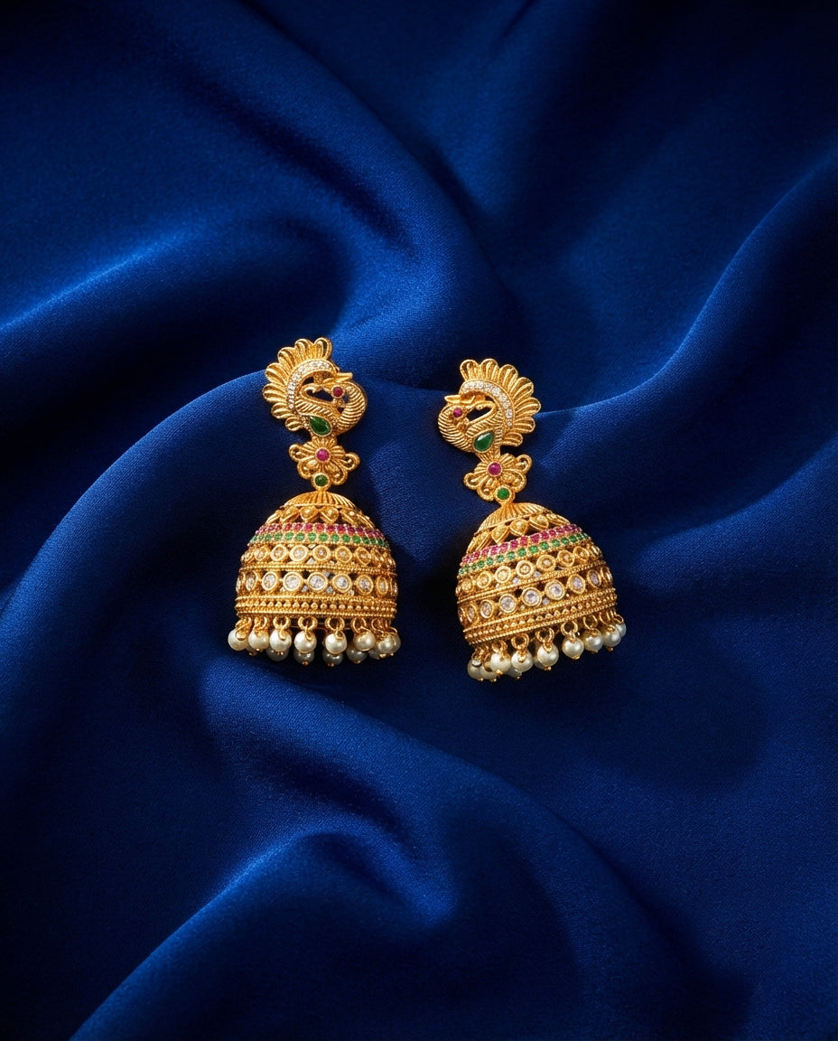 Elegant Peacock Jhumkas with White Drops